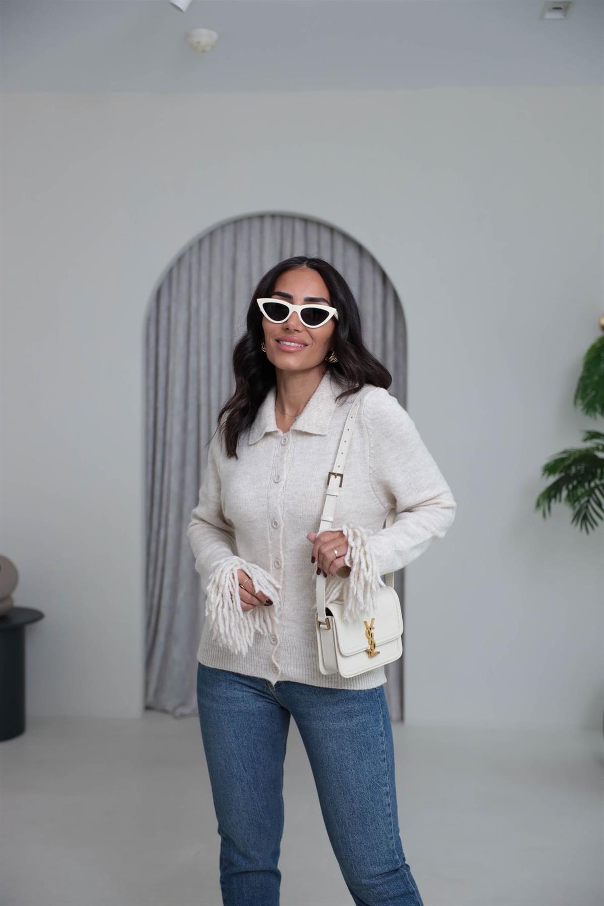 0162 Kolu Püsküllü Polo Yaka Hırka TAŞ