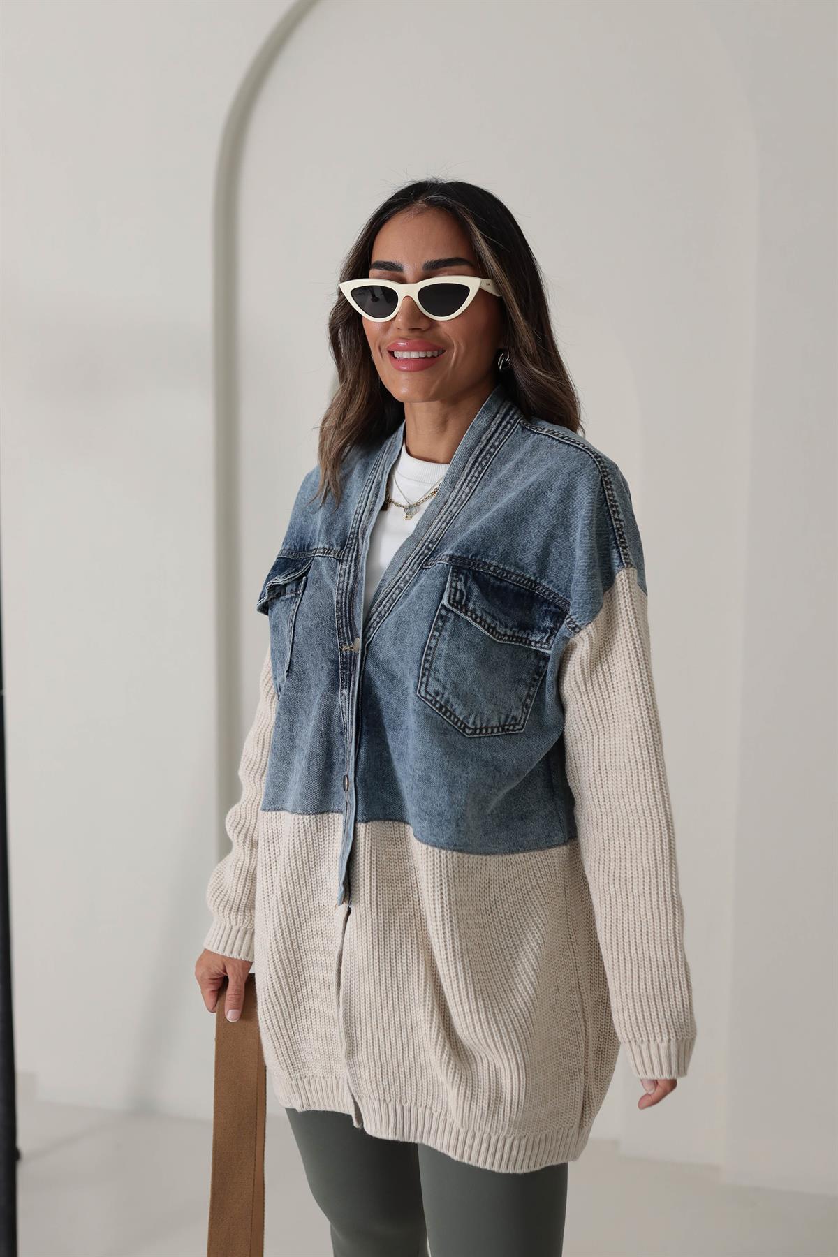 4139 Tasarım Triko ve Kot Garnili Ceket Hırka BEJ