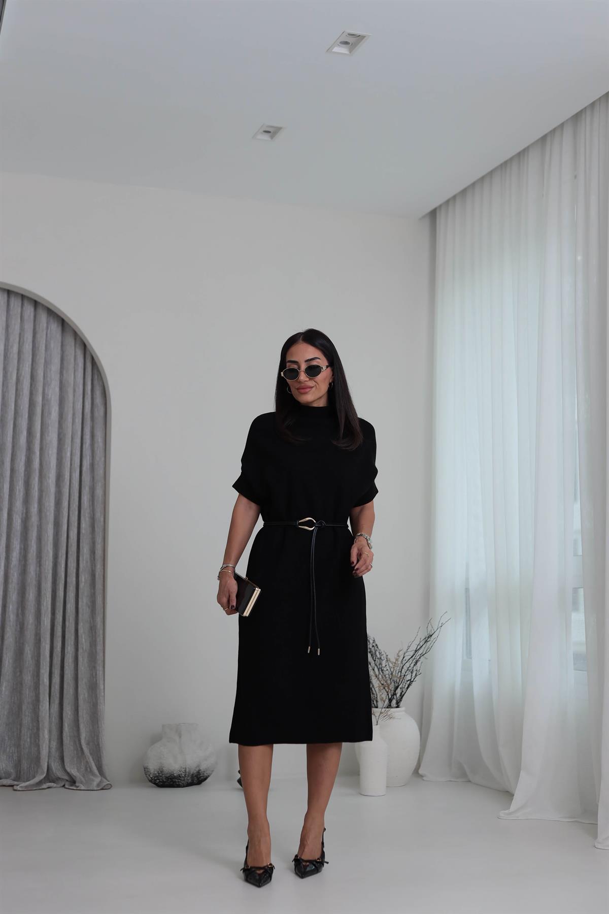 2548 Kemer Detaylı Triko Elbise SİYAH