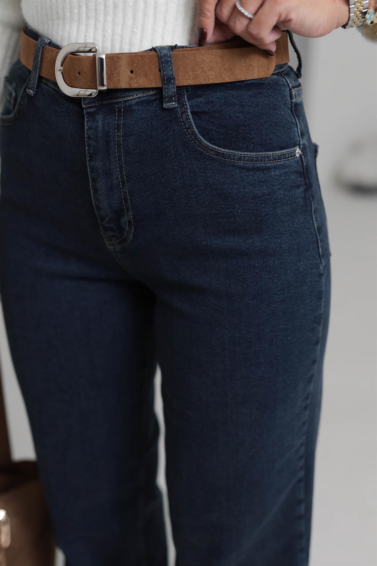 D-881 Yüksek Bel Kemerli Wide Leg Jean KOYU MAVİ