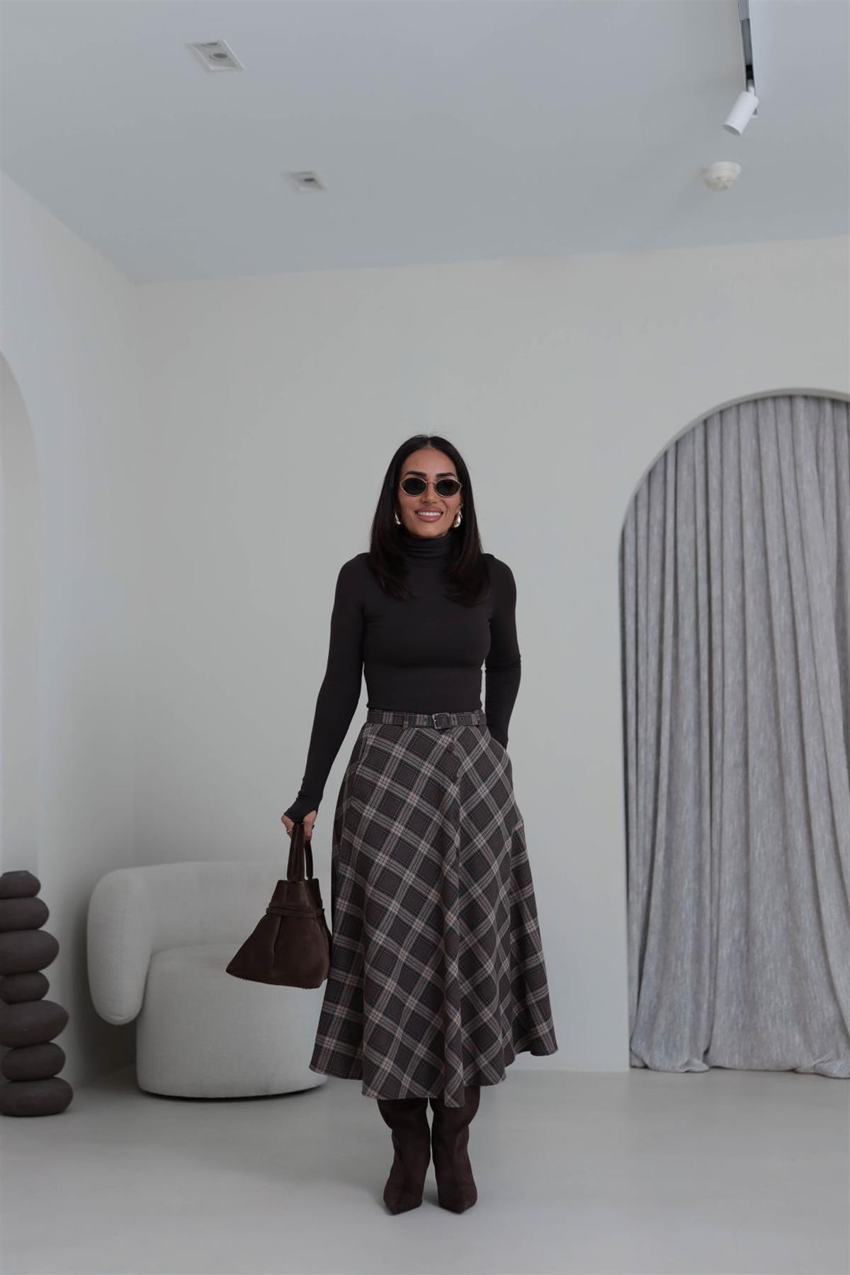 6977 Ön Düğme Detaylı Ekose Çan Etek KAHVE