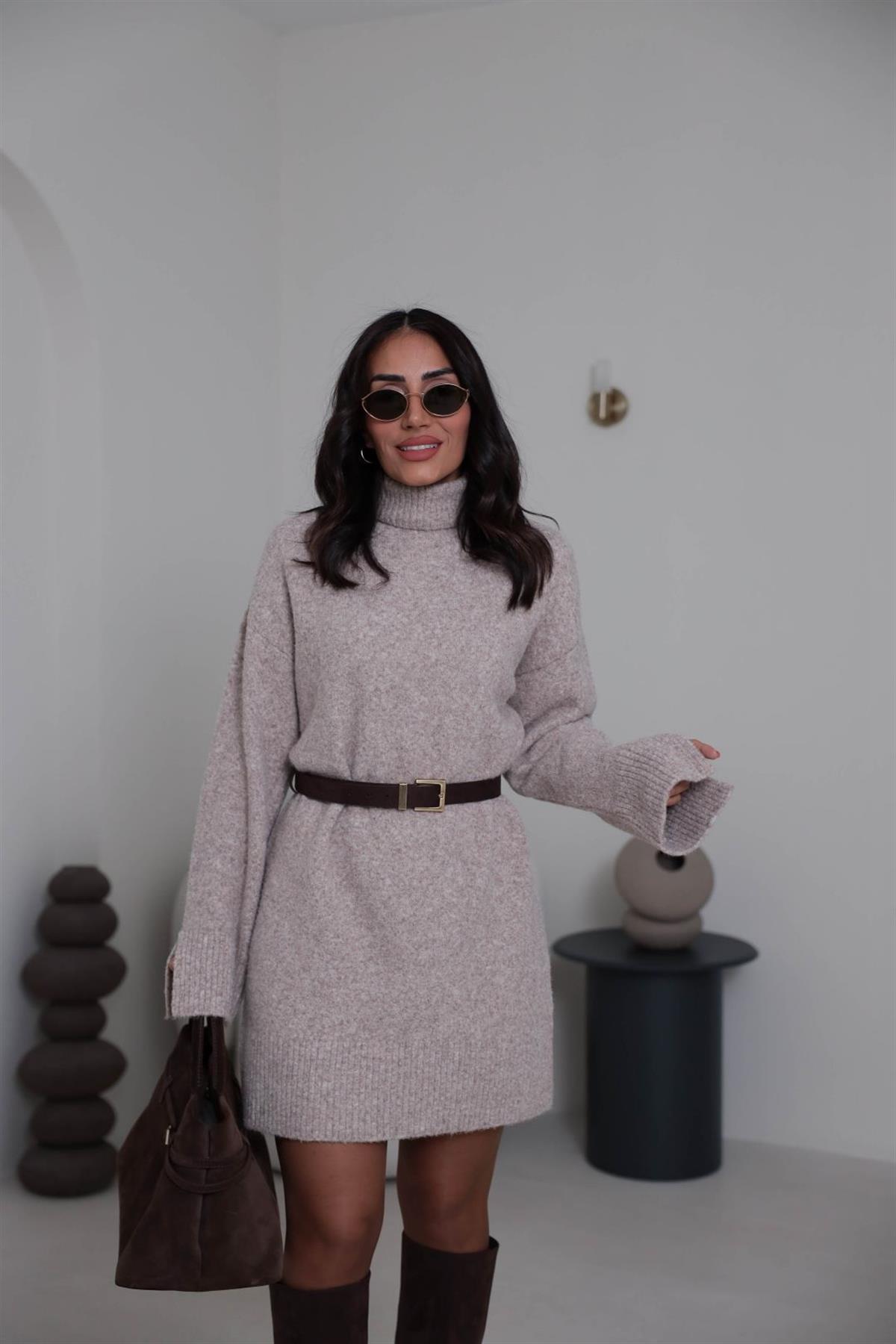 90265 Balıkçı Yaka Yumoş Triko Elbise VİZON