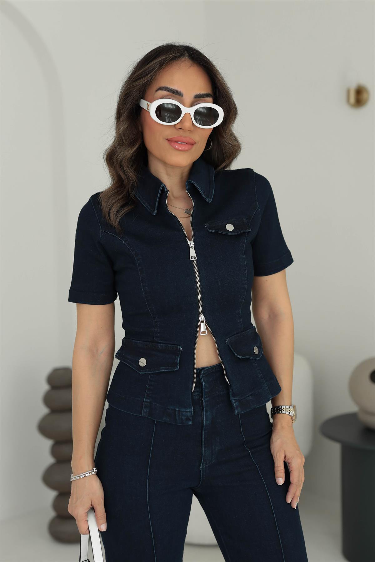7052 Cep Kapaklı Fermuarlı Kısa Kol Denim Ceket LACİVERT