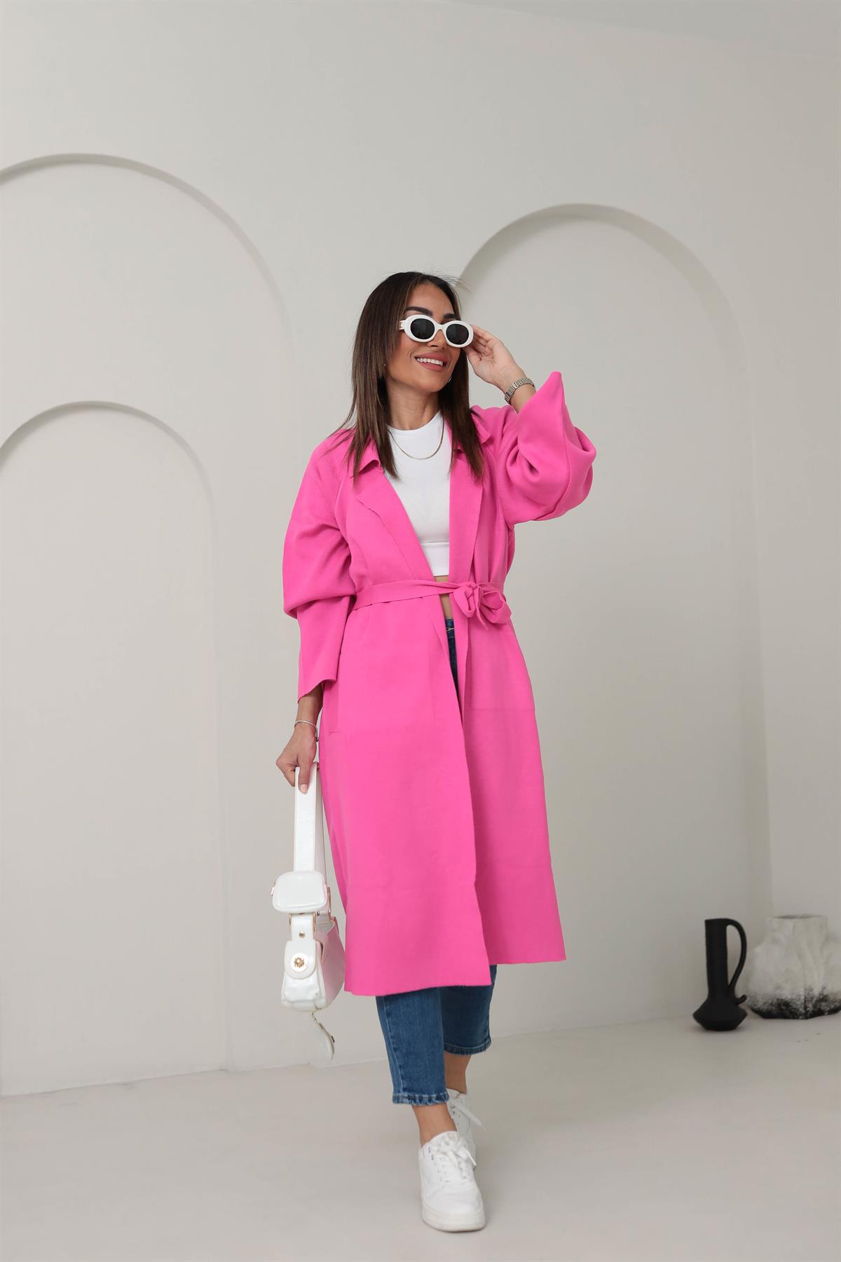 4064 Polo Yaka Triko Kemer Detaylı Hırka FUŞYA