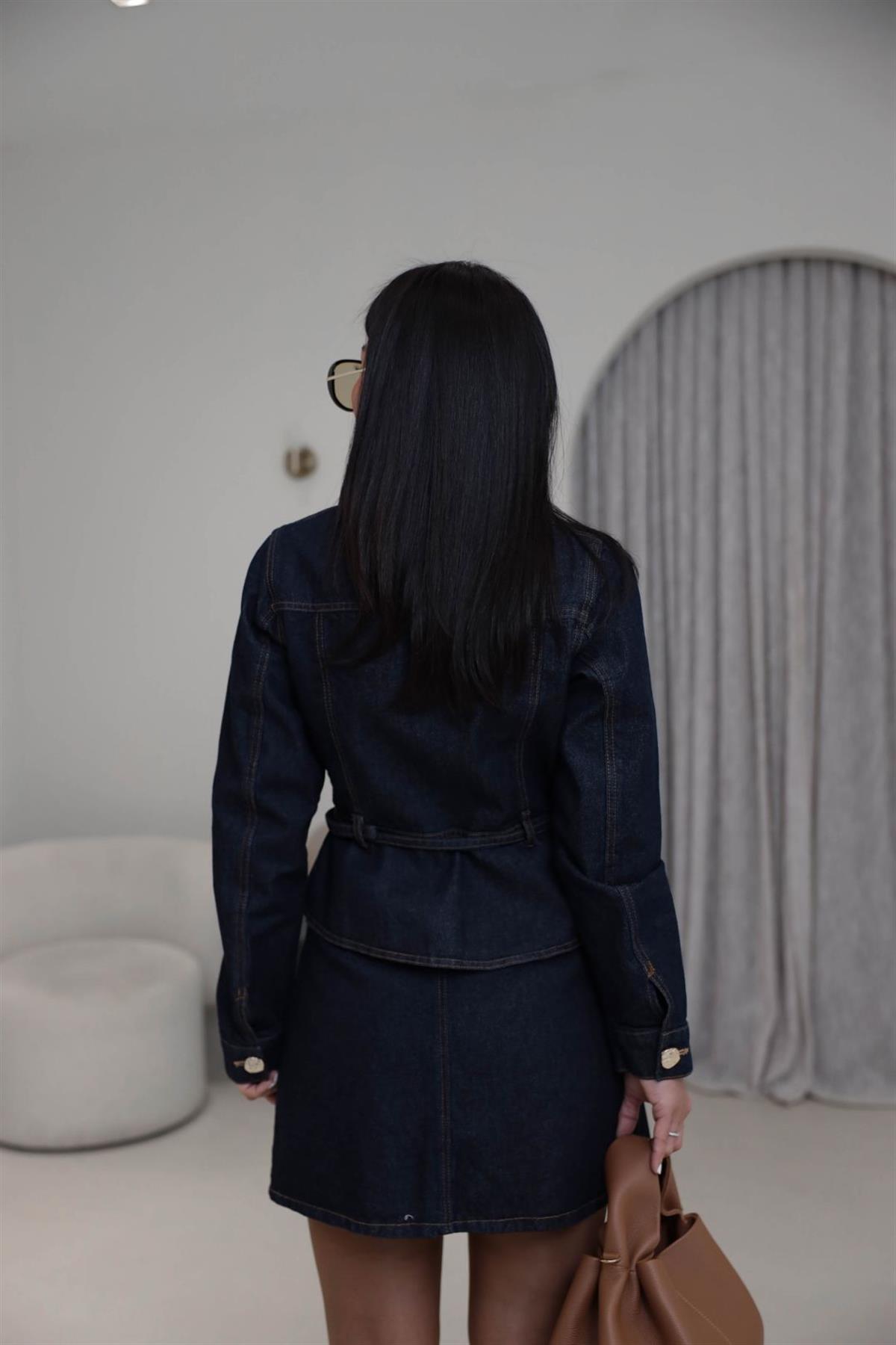 9266 Gold Düğmeli Belden Kemerli Denim Takım LACİVERT