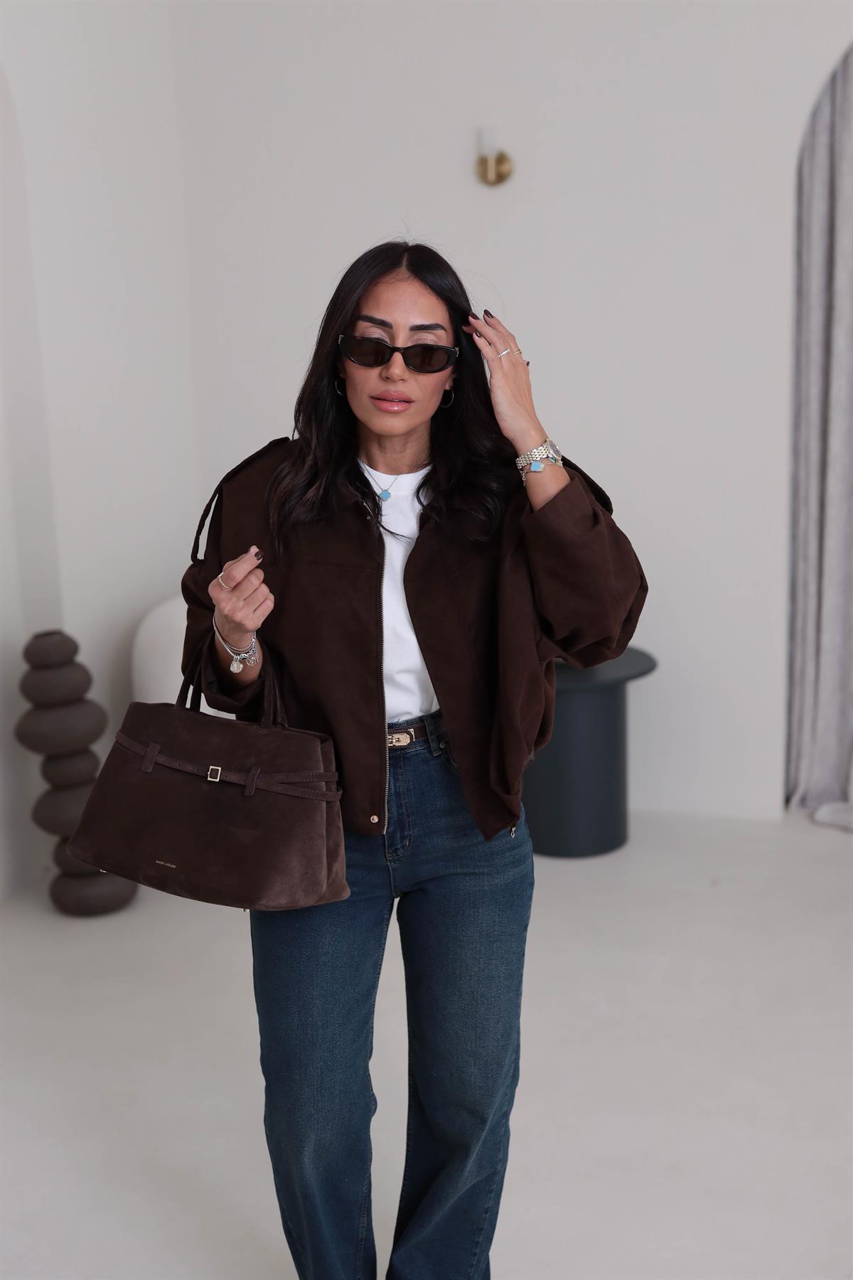 0493 Gömlek Yaka Apoletli Süet Bomber ACI KAHVE