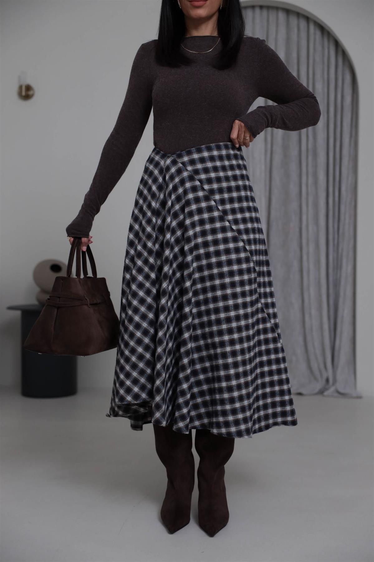 0377 Asimetrik Ekose Etek KAHVE