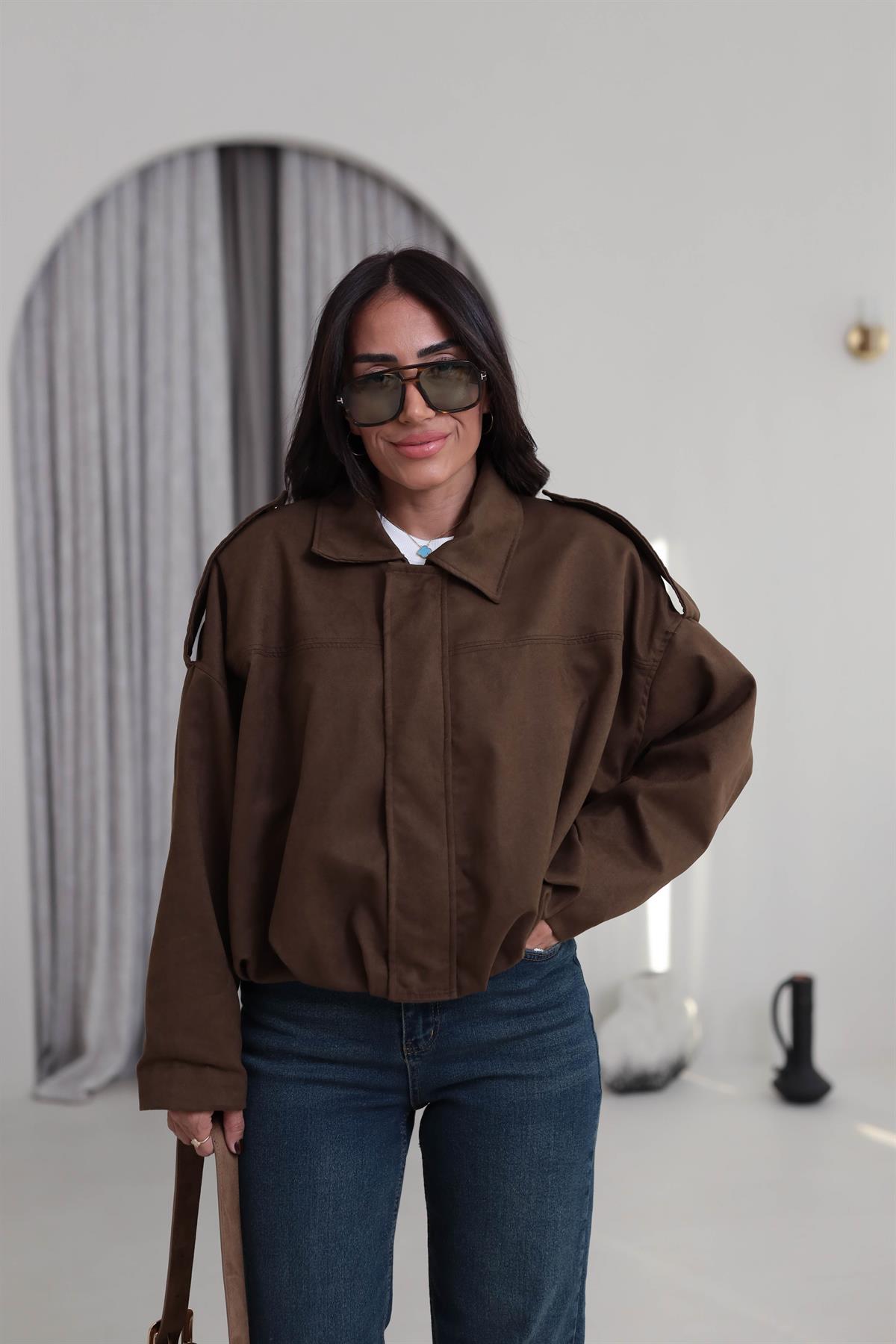0493 Gömlek Yaka Apoletli Süet Bomber KAHVE