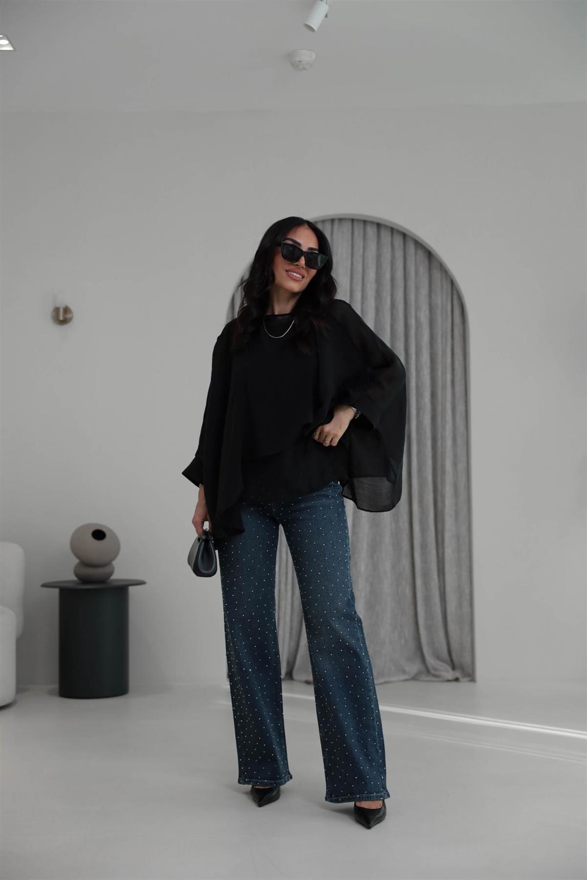 1071T Serpme Taşlı Likralı Palazzo Jean KOYU TİNTLİ