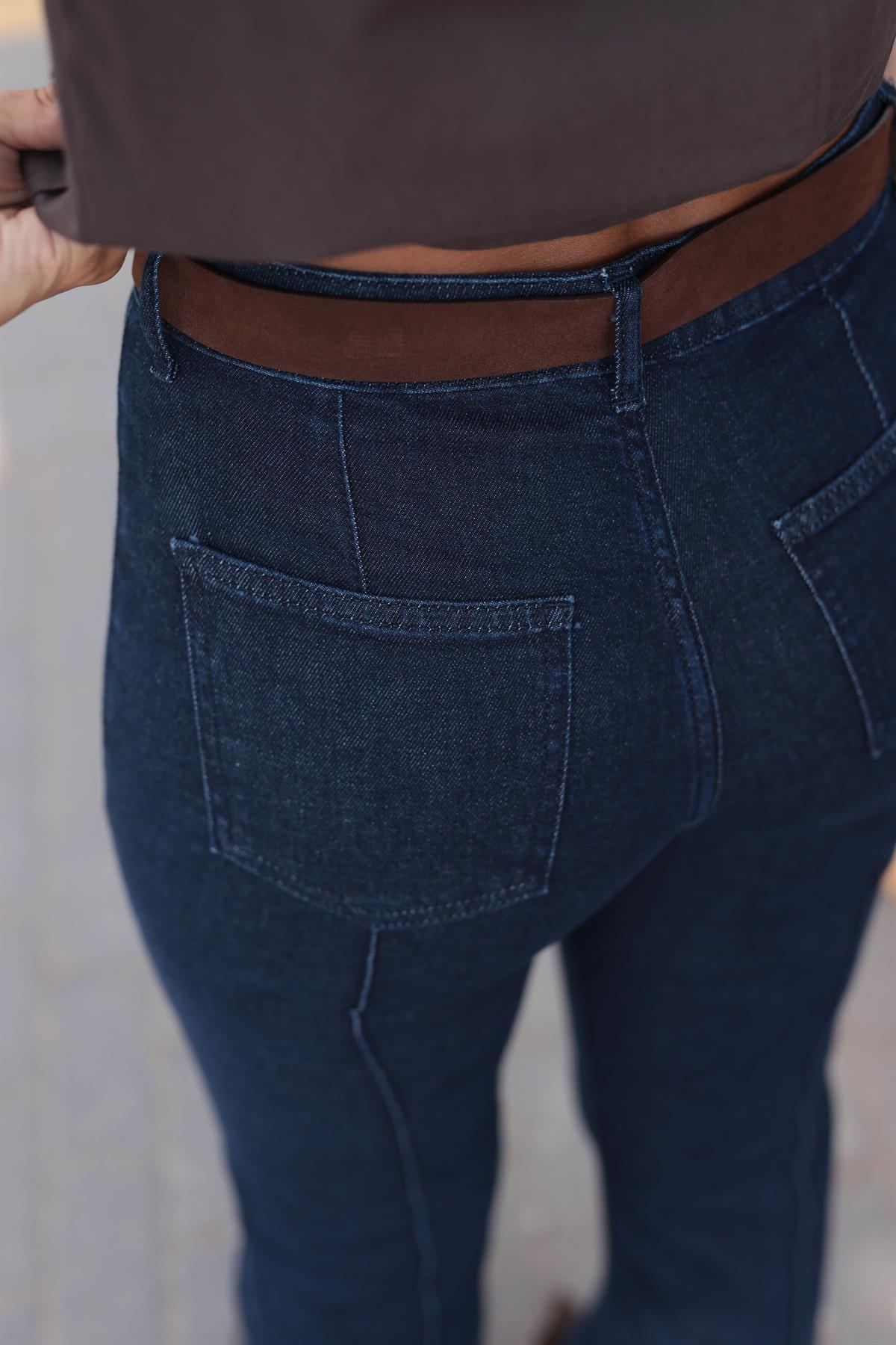 5678 Nervürlü Kemerli İspanyol Paça Jean LACİVERT