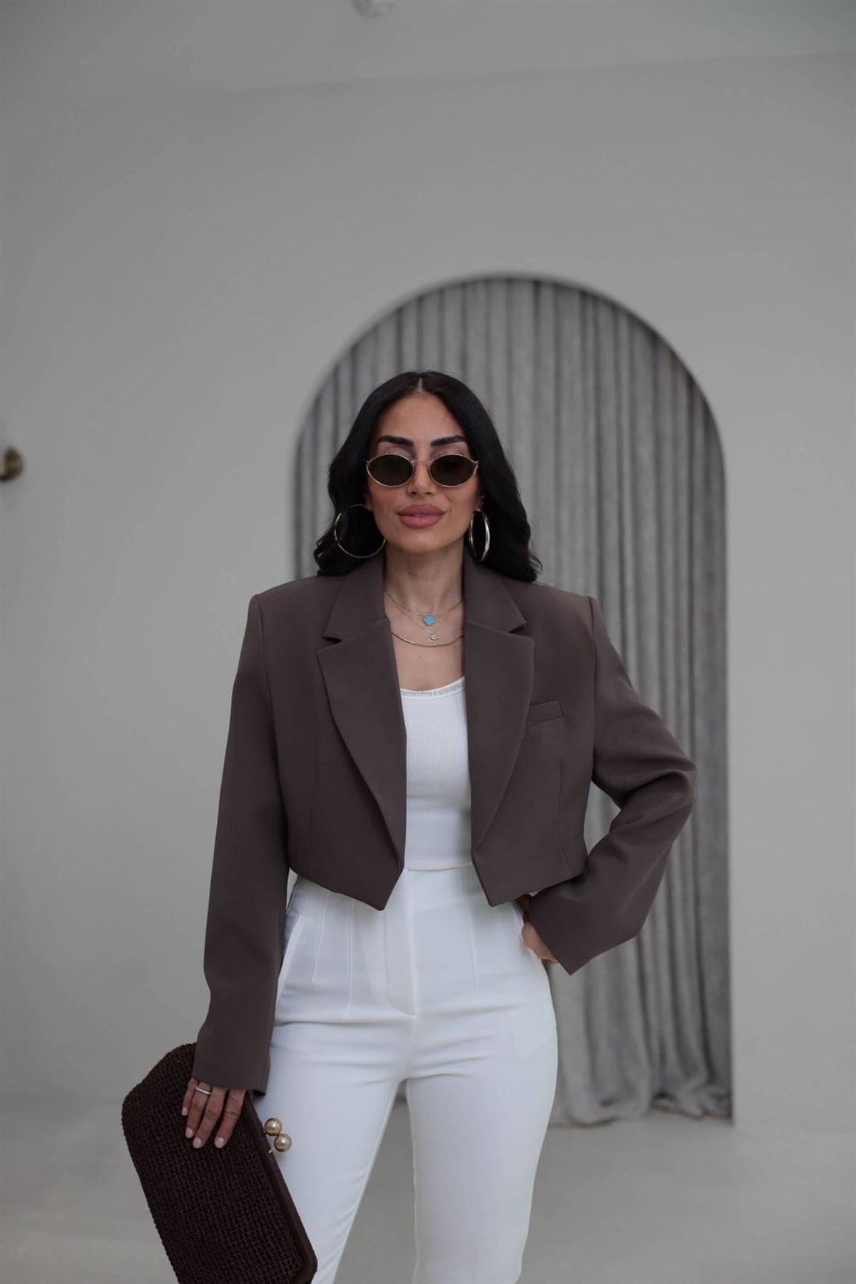 9704 Vatkalı Kısa Ceket KAHVE