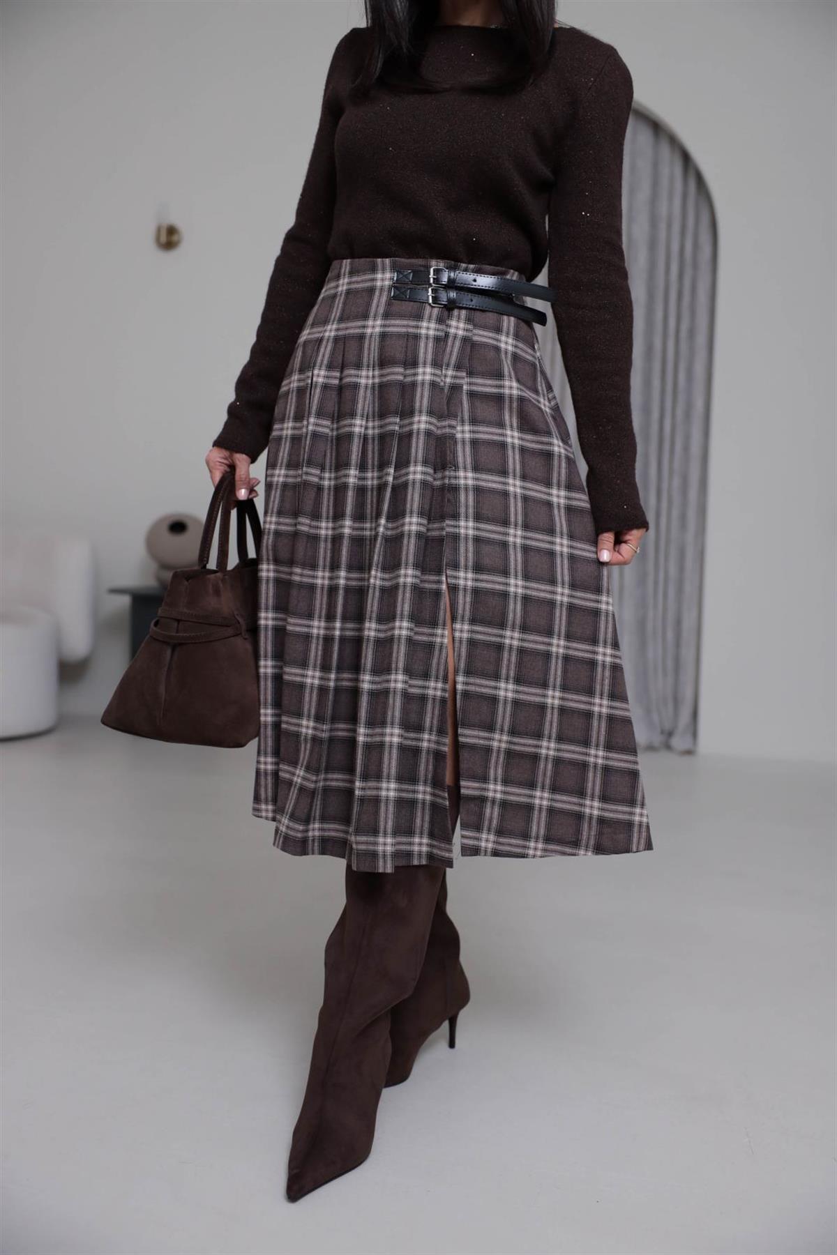 4228 Çift Kemer Detaylı Ekose Etek KAHVE