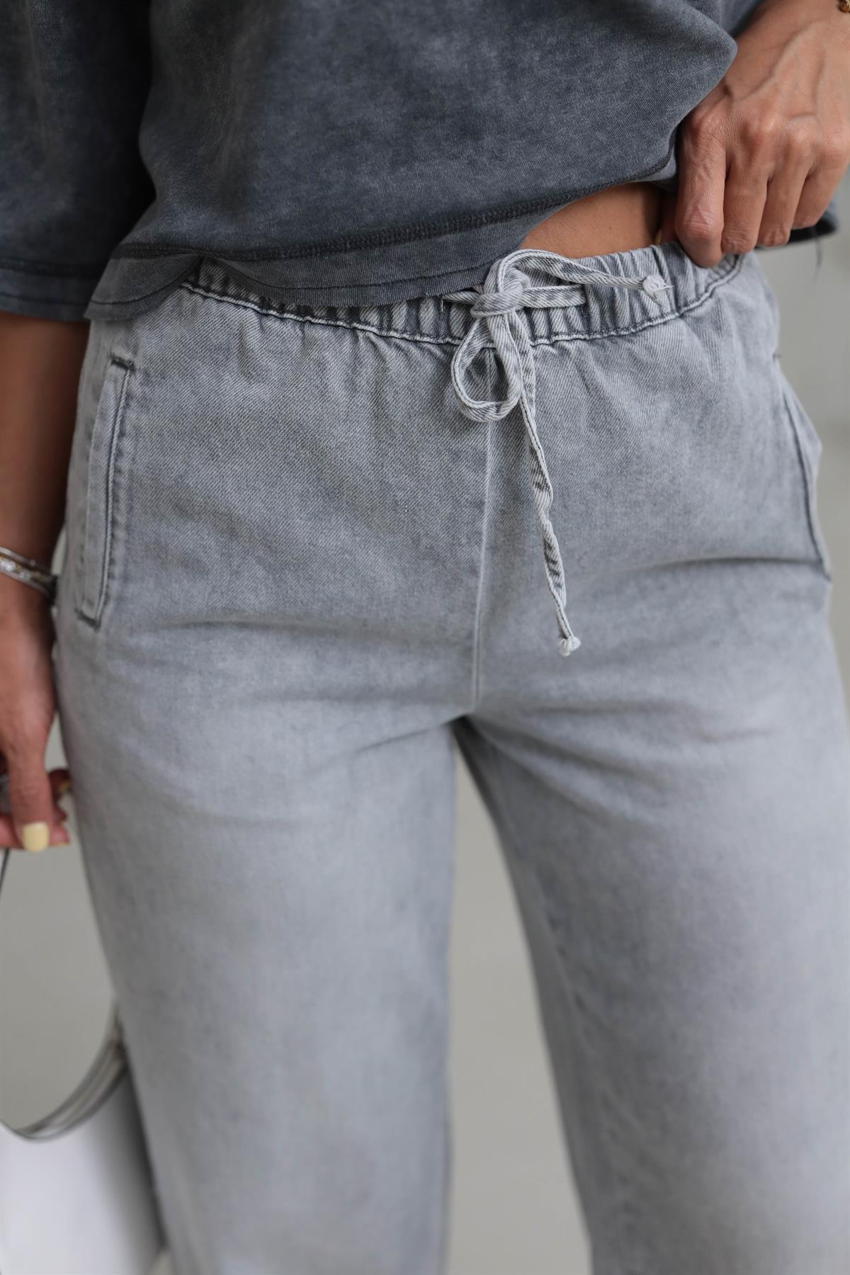 D800 Beli Lastikli Geniş Paça Jean Pantolon GRİ