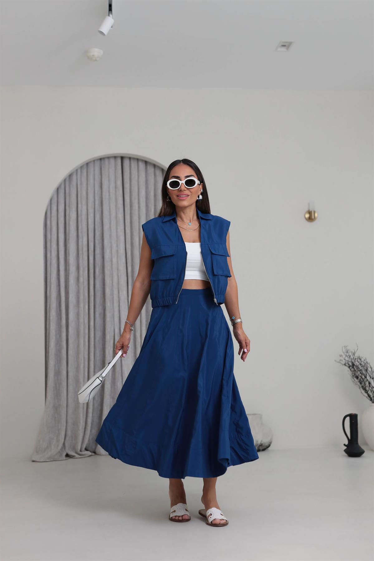 6147 Fermuar Detaylı Cepli Etek Yelek Takım LACİVERT