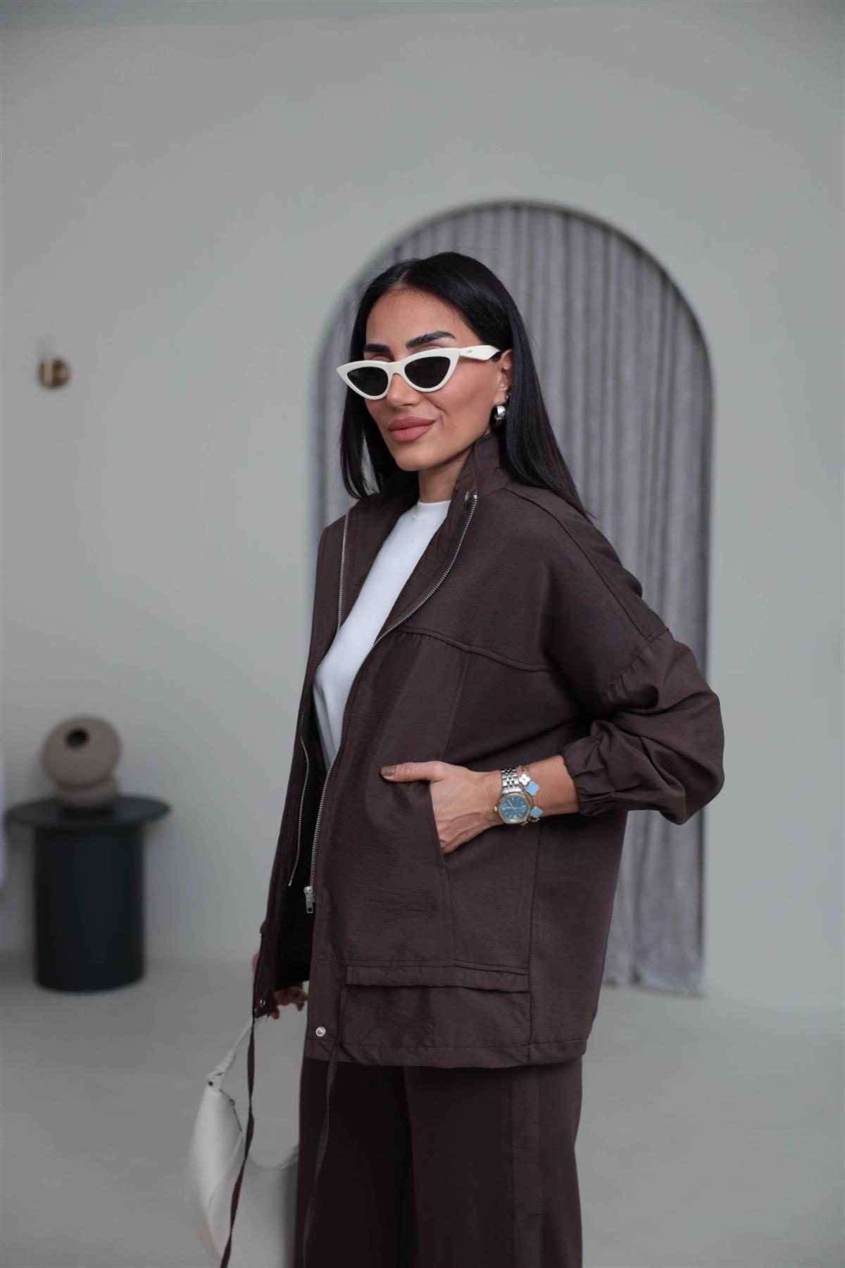 3601 Fermuarlı Büzgülü Paraşüt Garnili Takım KAHVE