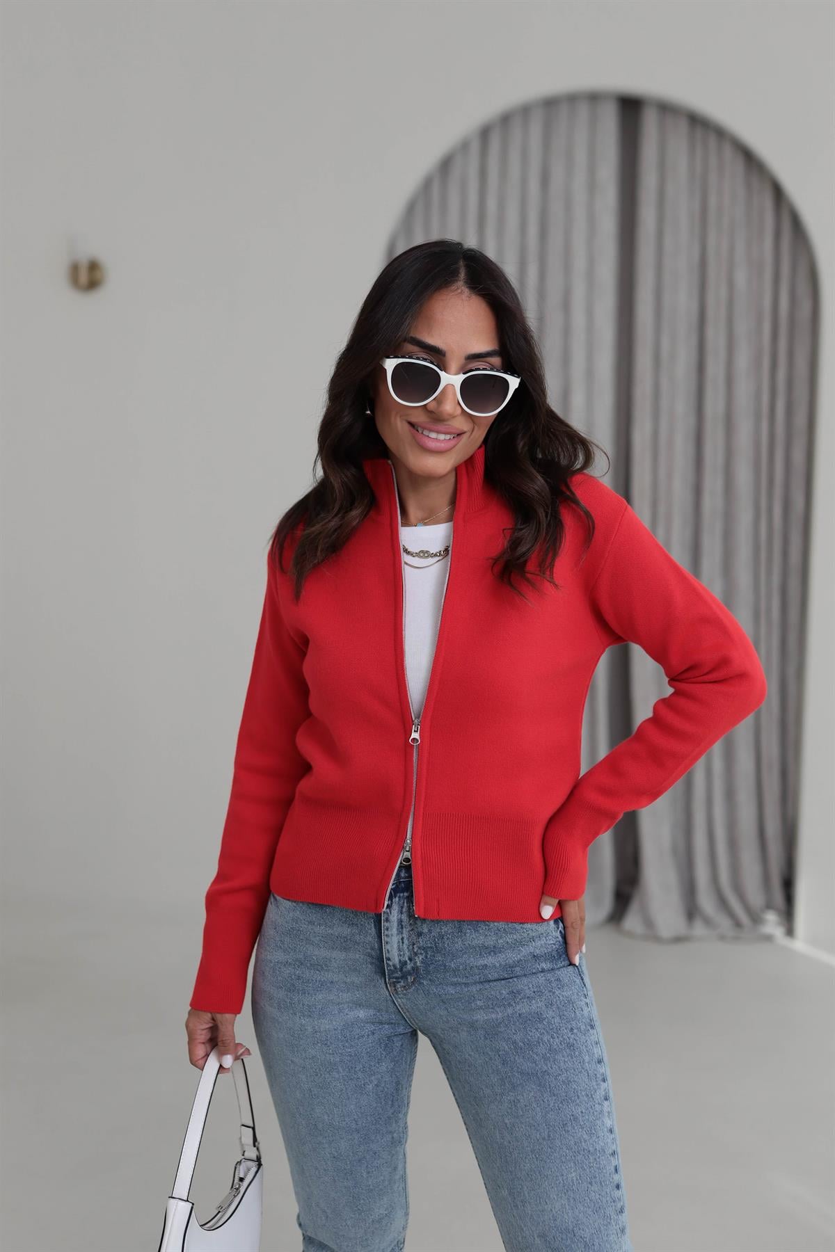 1042 Dik Yaka Çift Fermuarlı Triko Hırka KIRMIZI