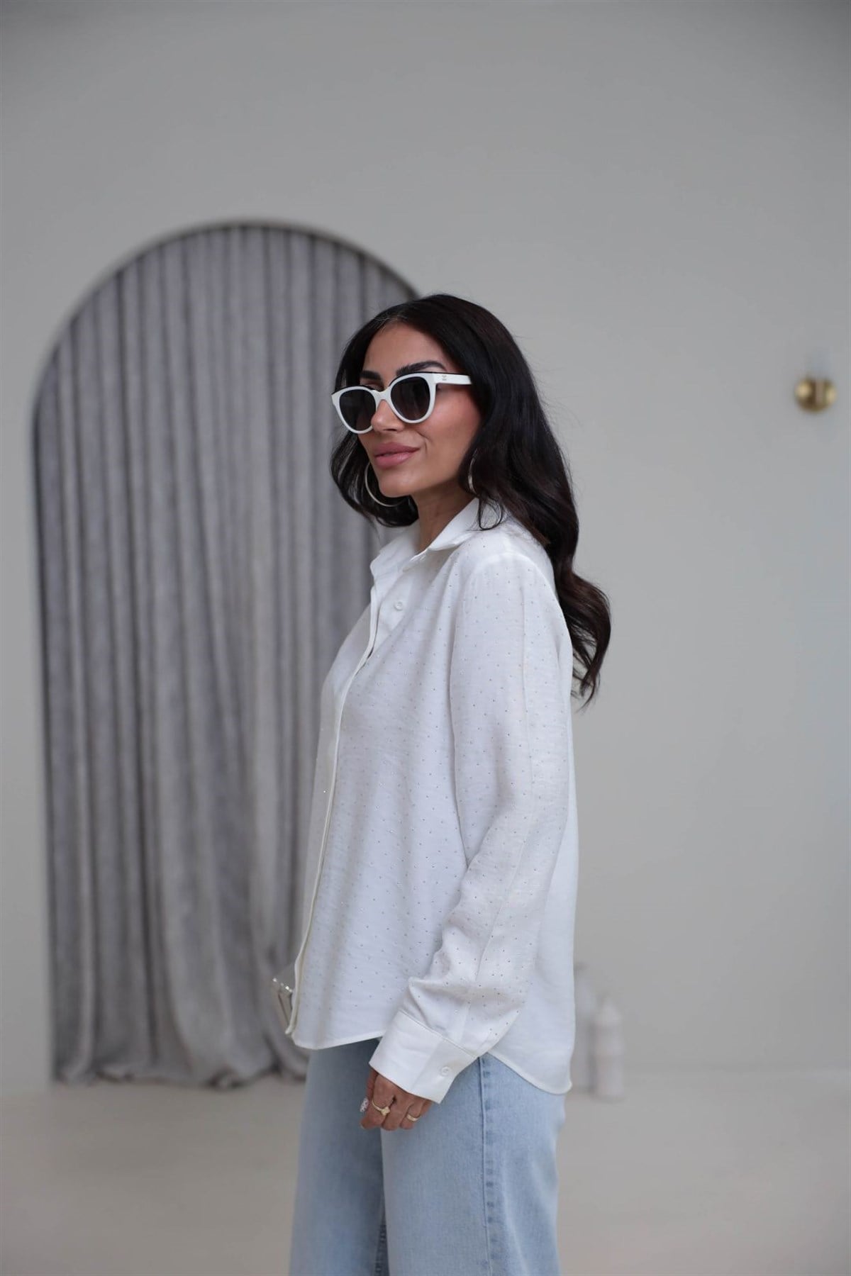7335 Tencel Kumaş Taşlı Gömlek EKRU