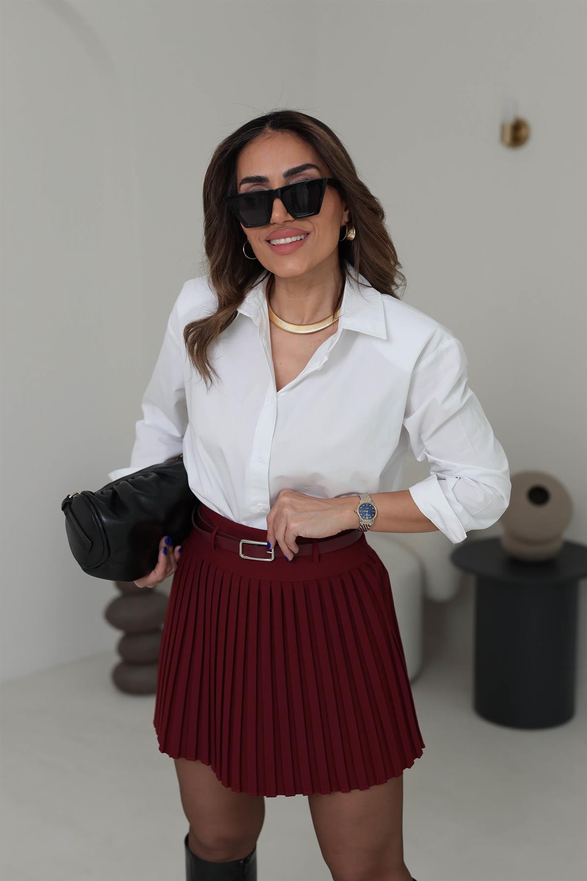 9723 Kemerli Piliseli Şort Etek BORDO