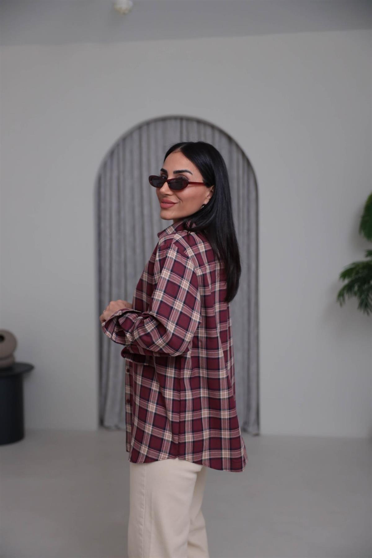 7124 Ekose Desen Pamuklu Oversize Gömlek BORDO