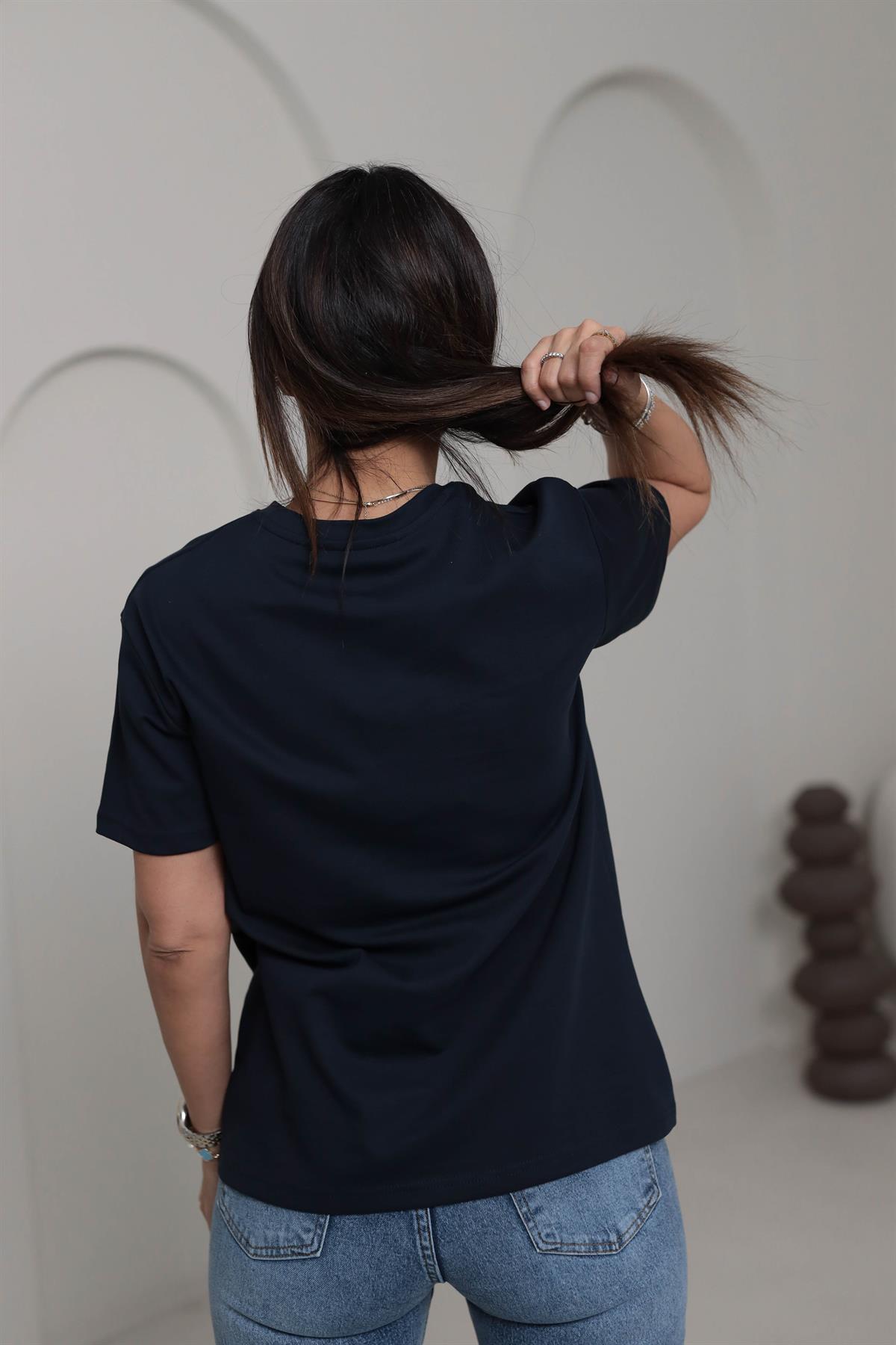 1022 Bisiklet Yaka Gümüş Yazı Detaylı Tshirt LACİVERT