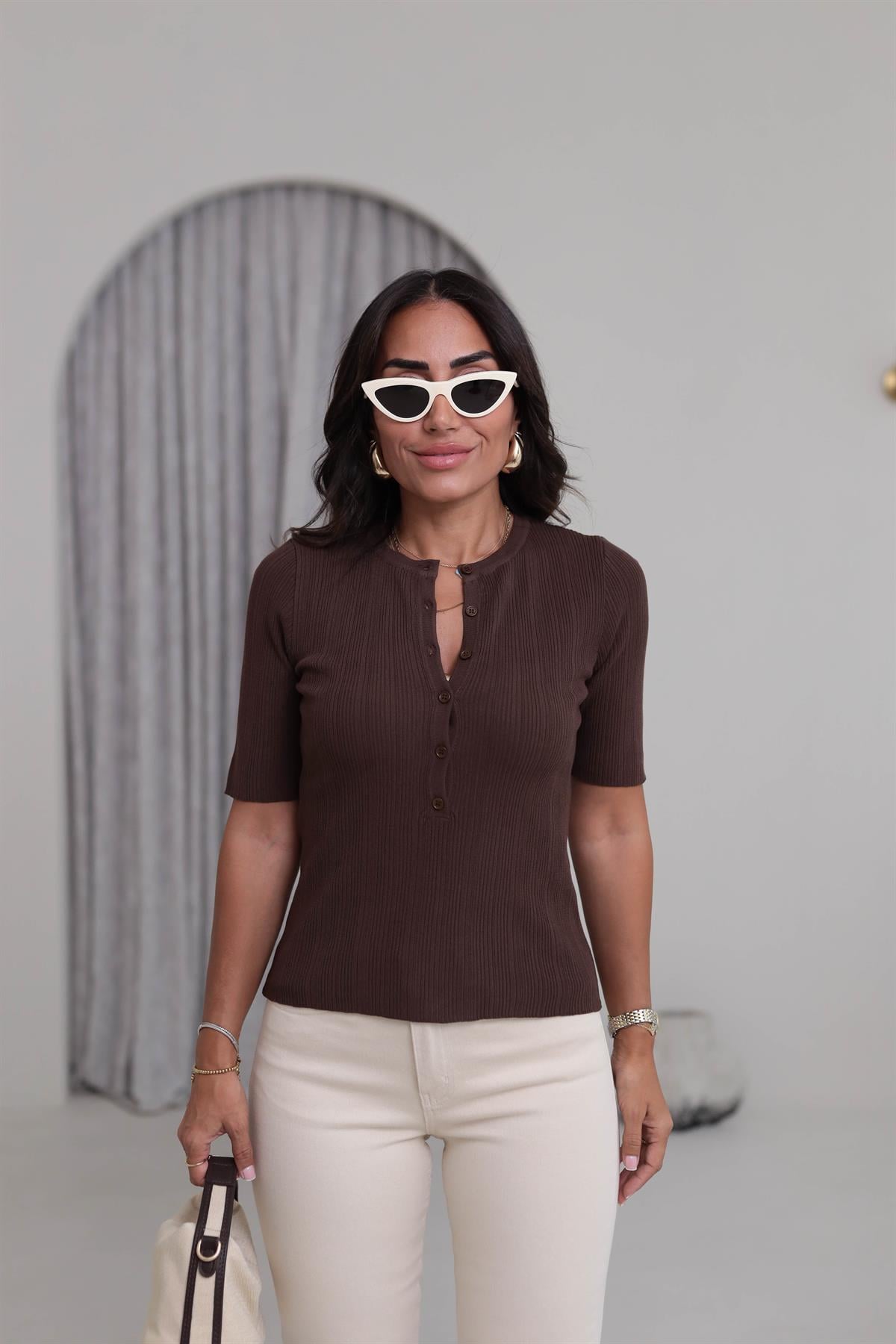 0731 Bisiklet Yaka Fitilli İnce Triko Bluz KAHVE