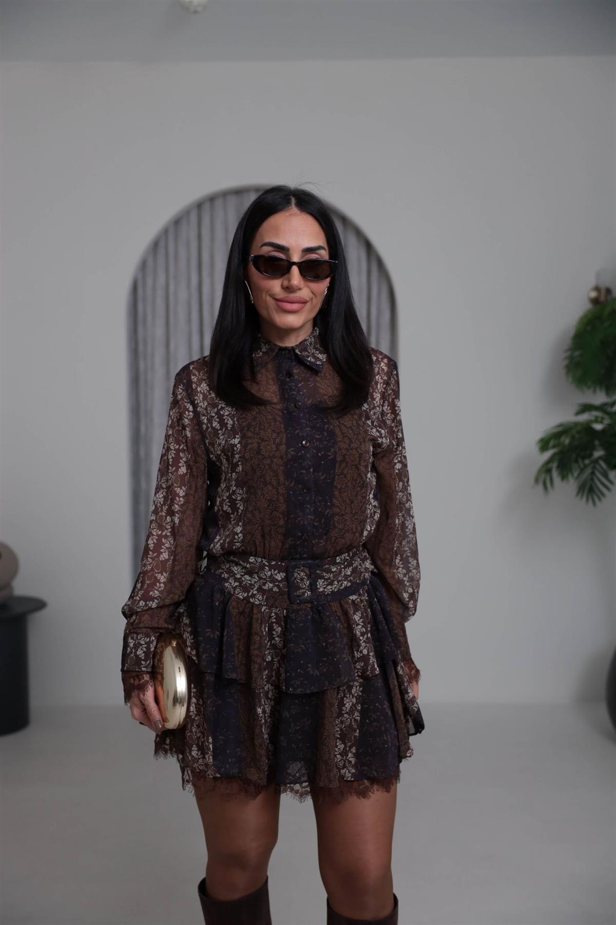 5539 Kol ve Etek Ucu Güpürlü Gömlek Yaka Şifon Elbise DESENLİ