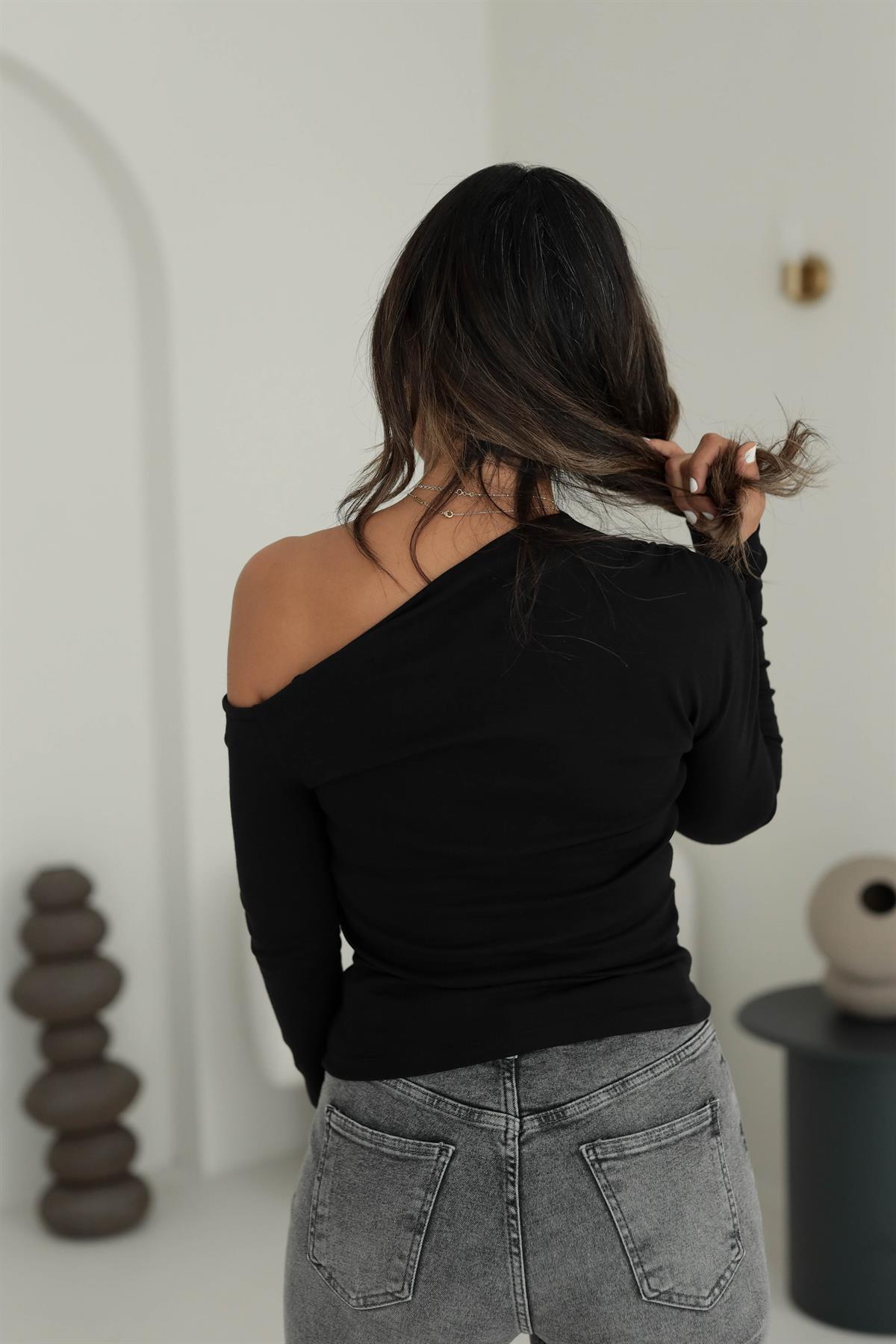 6130 Çapraz Yakalı Uzun Kol Bluz SİYAH