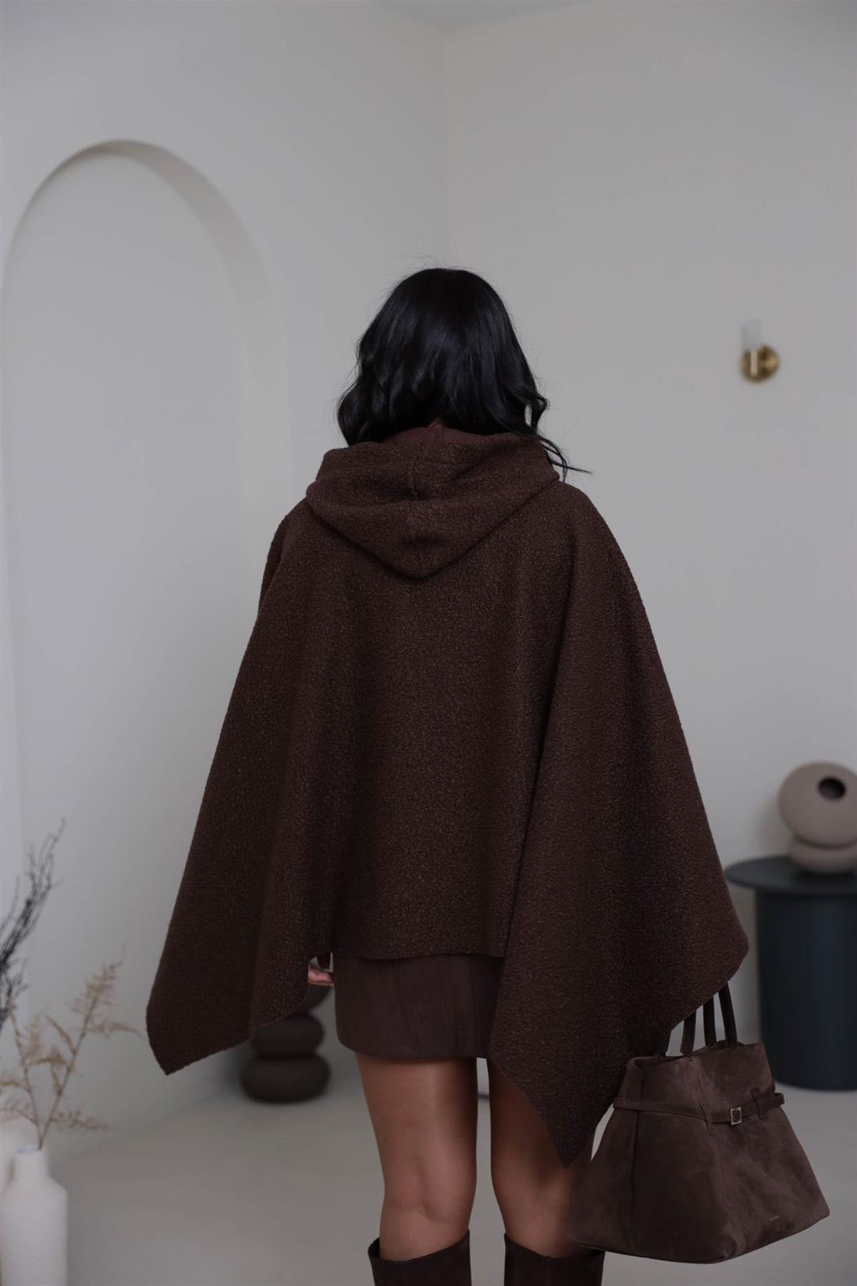 9175 Kemer Detay Kapşonlu Buklet Panço KAHVE