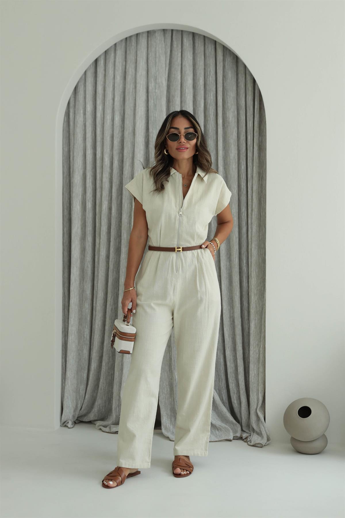 1310 Önden Fermuarlı Keten Tulum