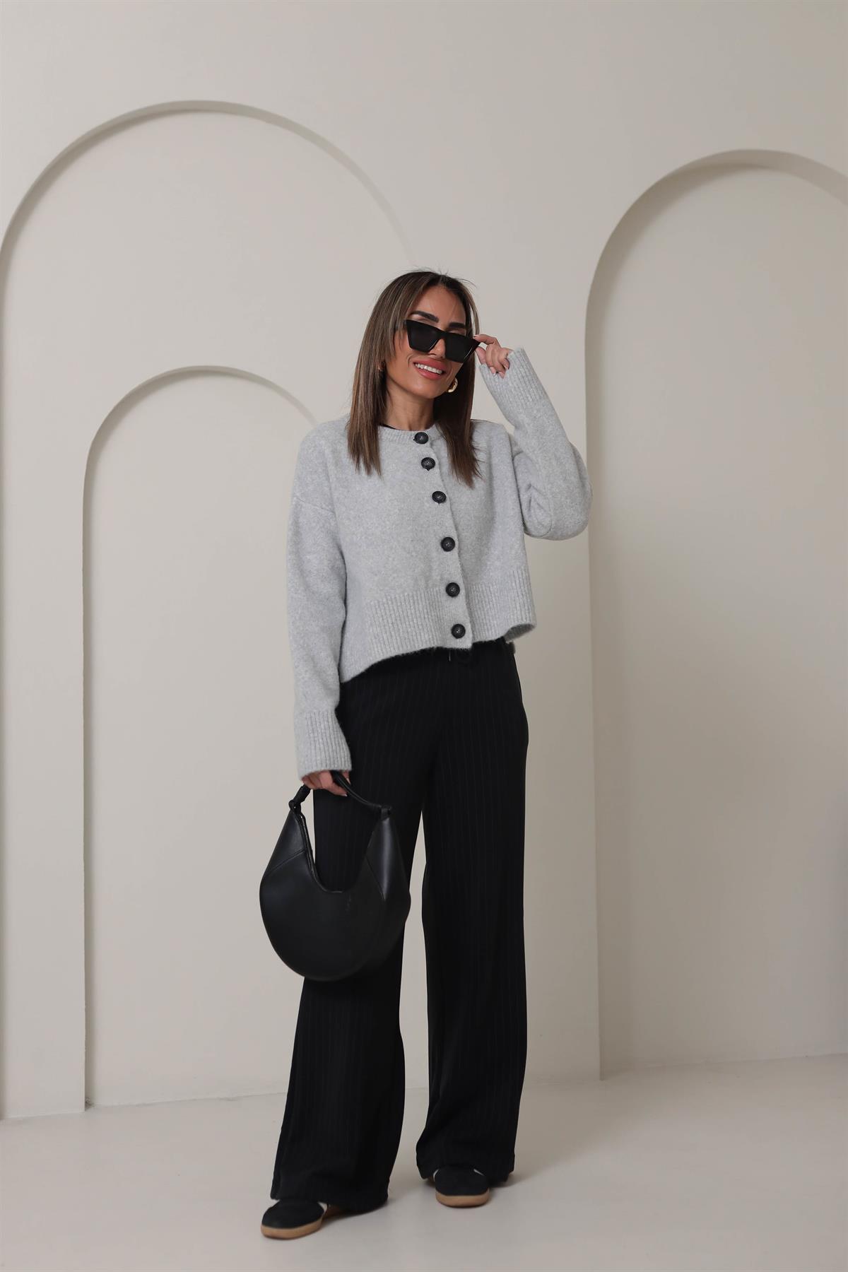 1146 Çizgili Modal Palazzo Pantolon SİYAH