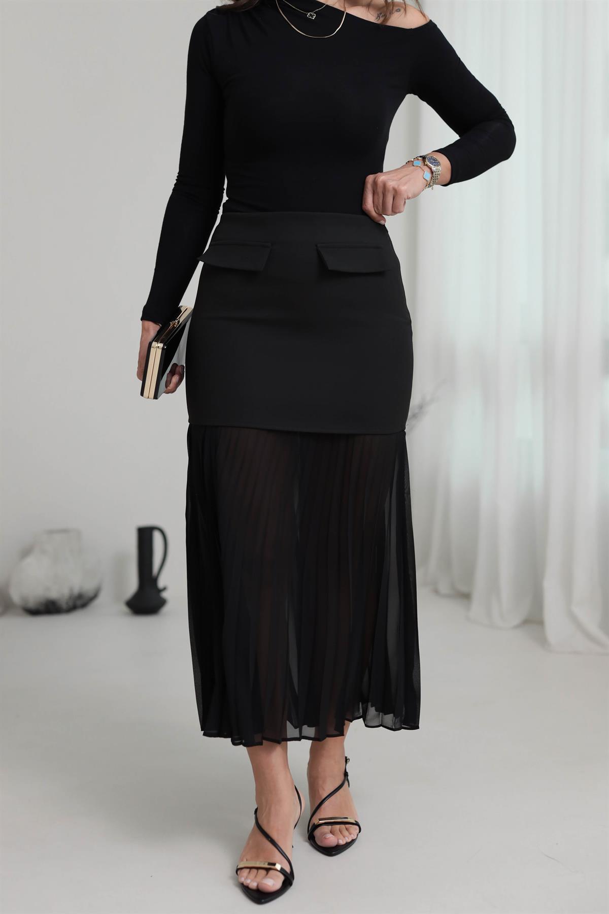 7034 Altı Şifon piliseli Etek SİYAH