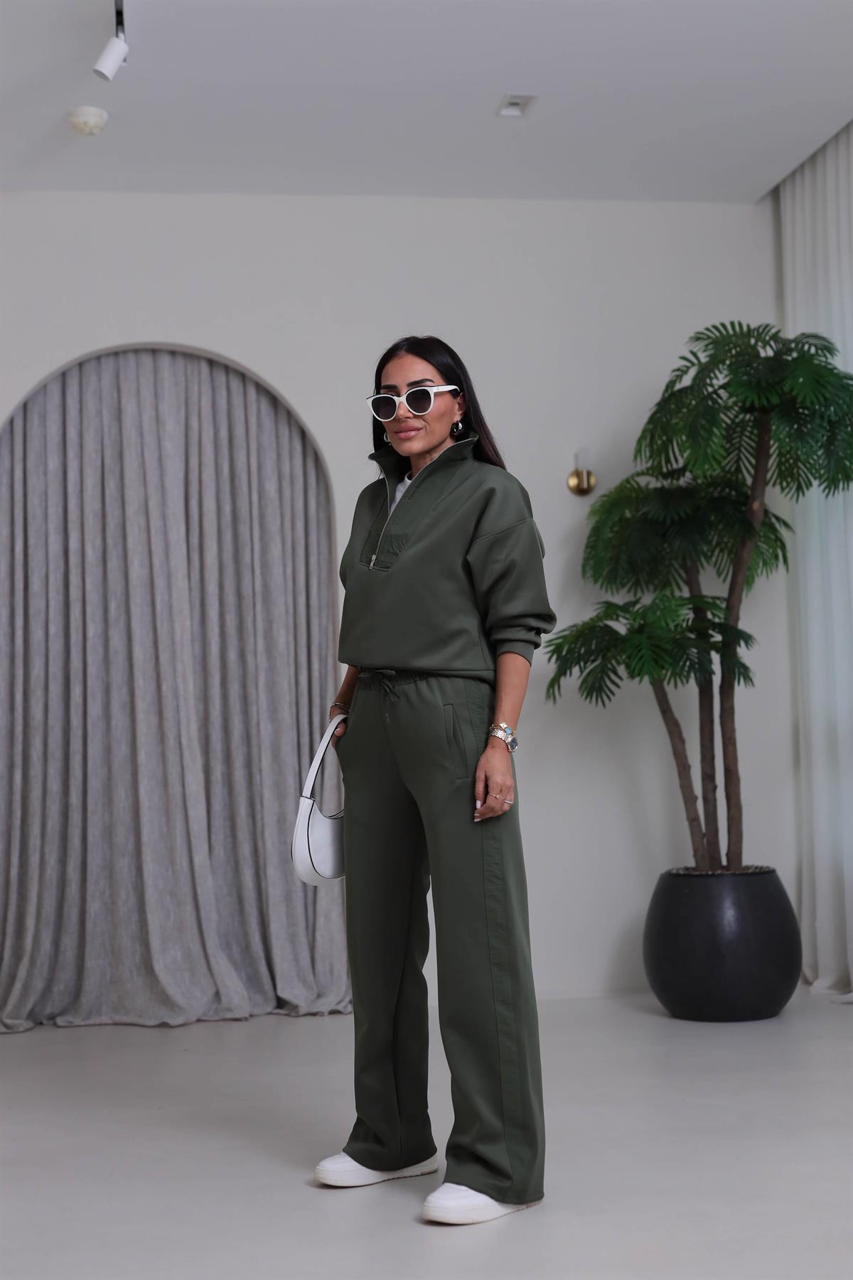 2624 Paraşüt Detaylı Yarım Fermuarlı Scuba Takım HAKİ YEŞİL