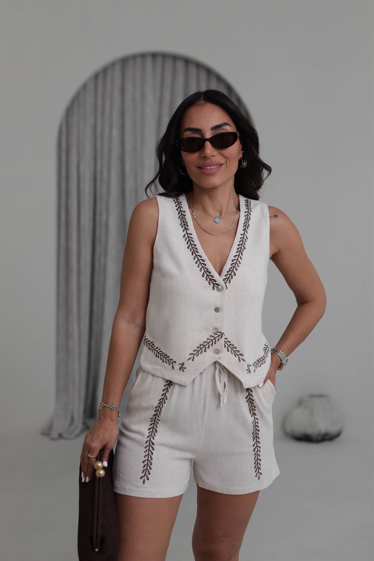 8837 İşleme Detaylı Tencel Keten Yelek & Şort Takım NATURAL