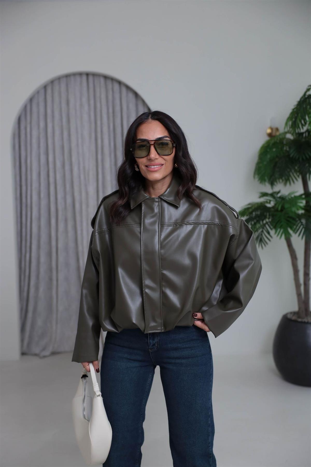 4221 Gömlek Yaka Suni Deri Bomber Ceket HAKİ YEŞİL