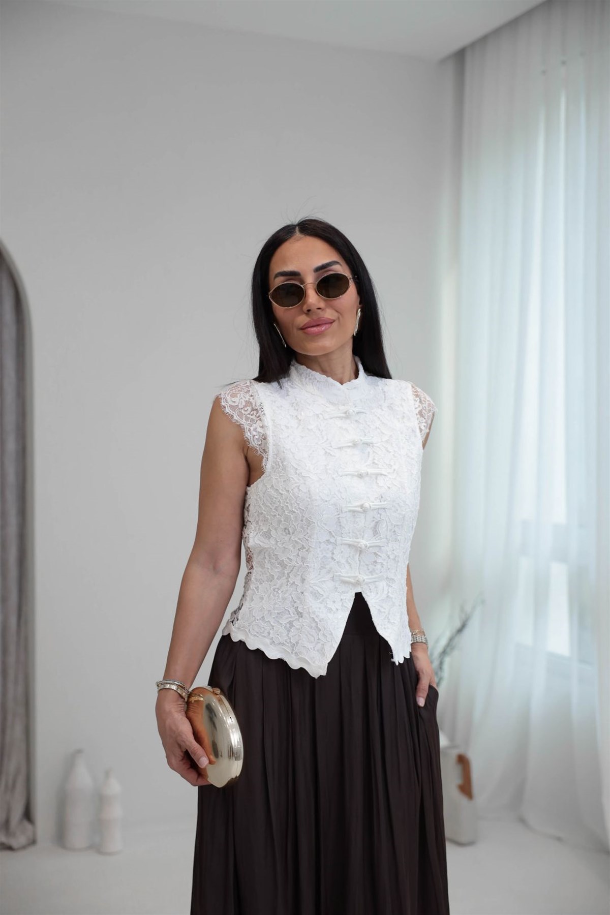 7139 Güpür Detaylı Hakim Yaka Yelek EKRU