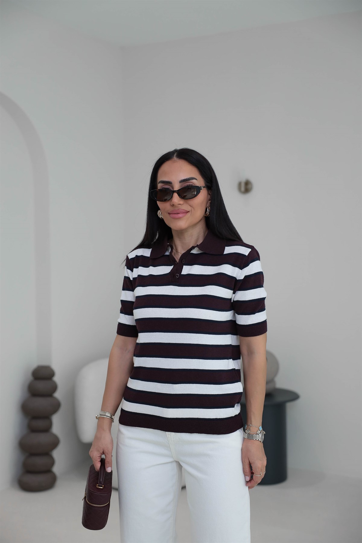 Polo Yaka Çizgili Massi Triko Bluz BORDO