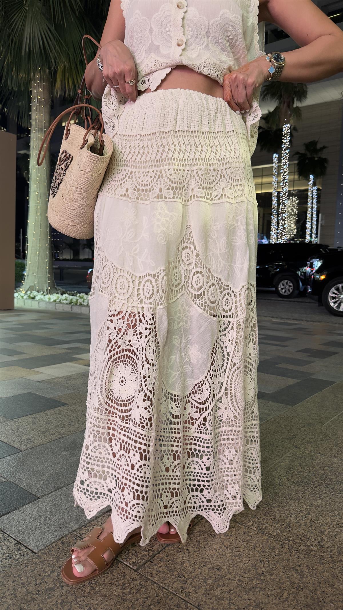 DXB 8401 Bel Lastikli Dantel İşlemeli Bohem Etek NATURAL