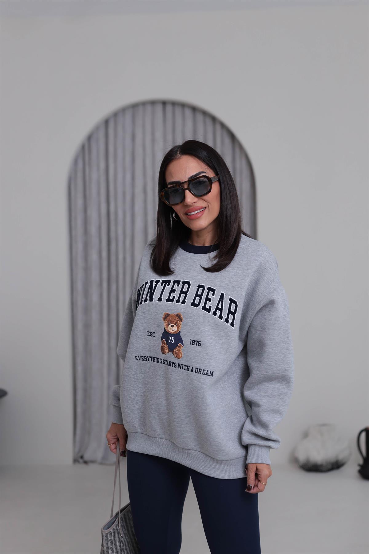 1082 Teddy Baskılı Şardonlu Sweatshirt GRİ MELANJ