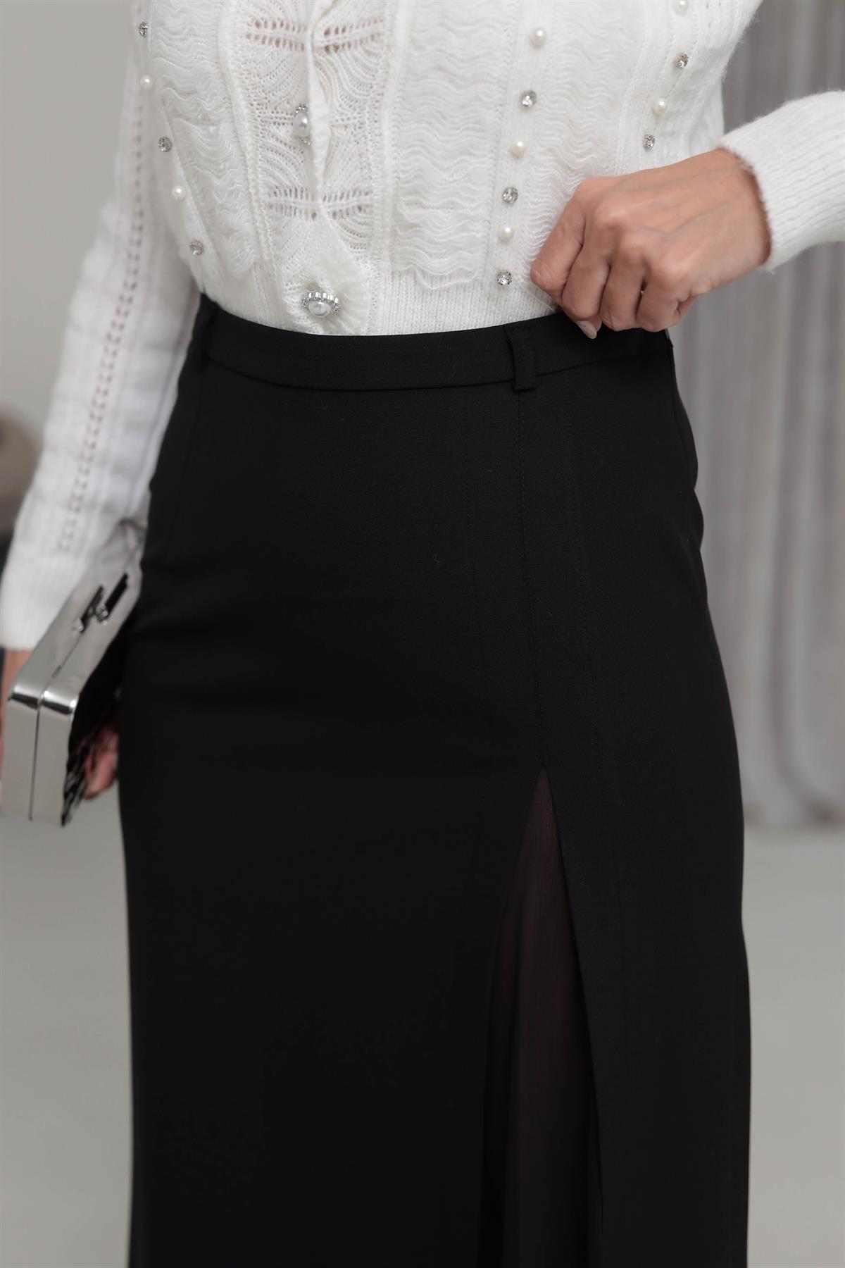 1099 Yırtmaç Ve Tül Detaylı Kumaş Etek SİYAH