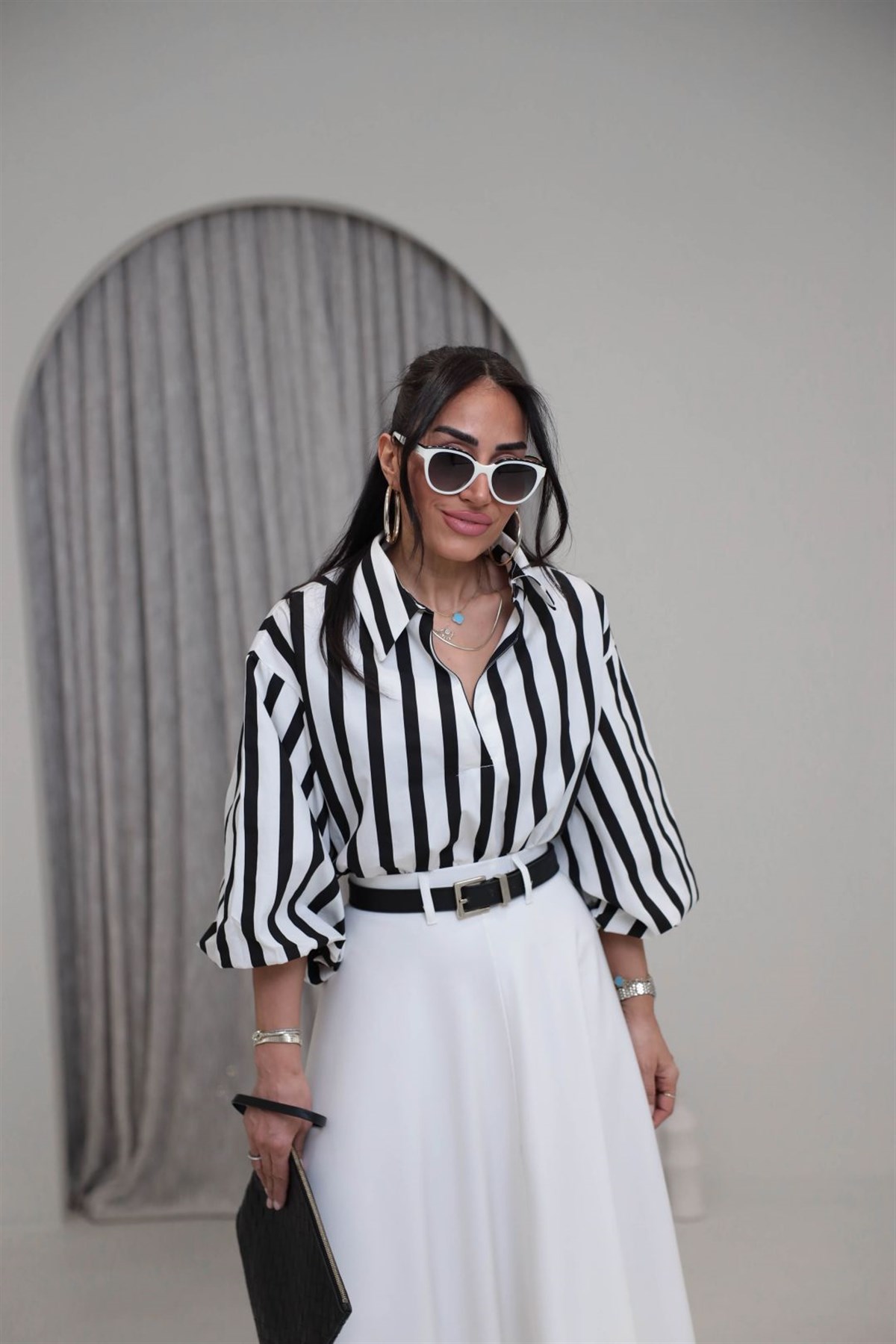 2288 Gömlek Yaka Balon Kol Çizgili Poplin Bluz SİYAHBEYAZ