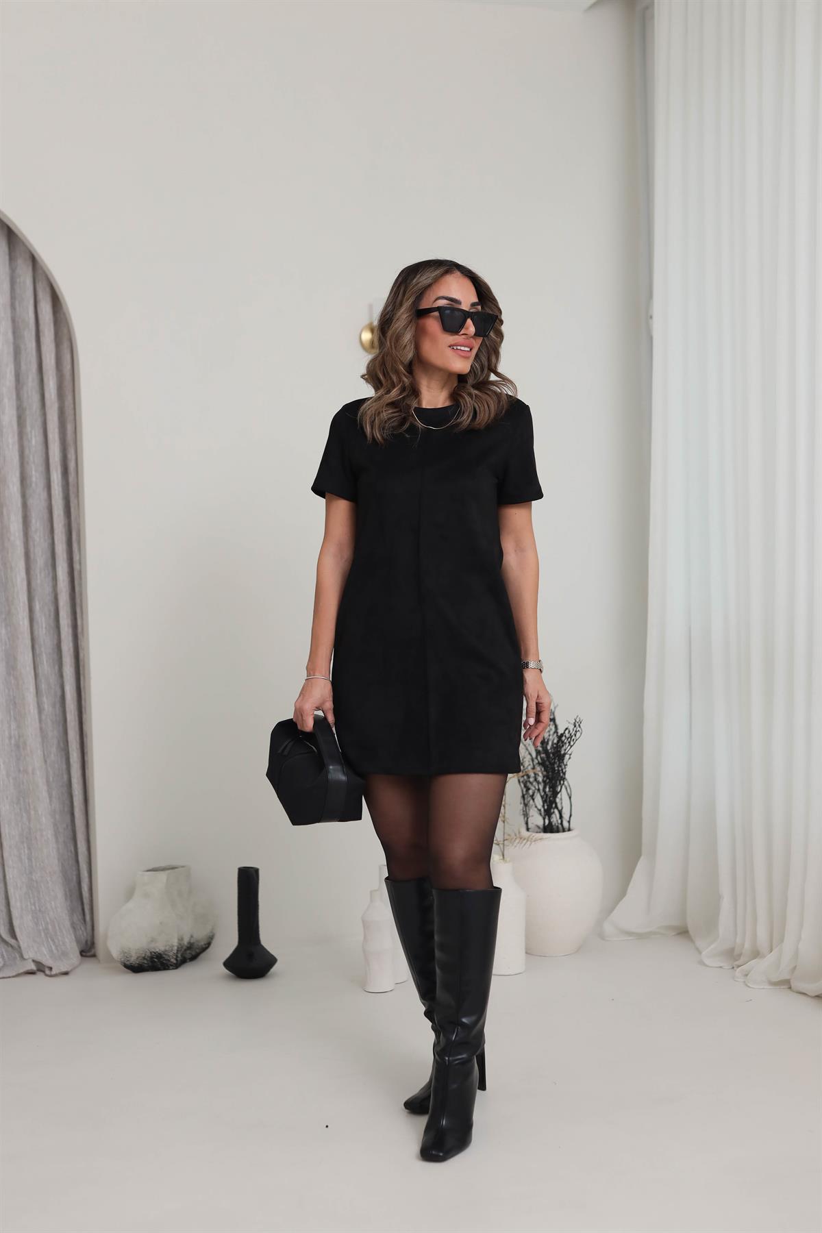 0196 Ön Dikiş Detay Süet Elbise SİYAH