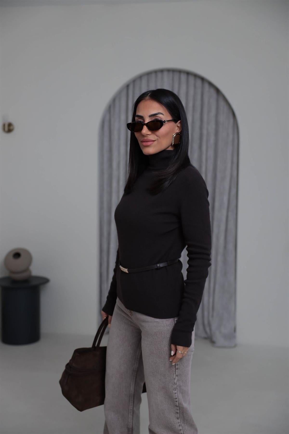 0861 Balıkçı Yaka Kaşmirli Kemerli Kazak KAHVE