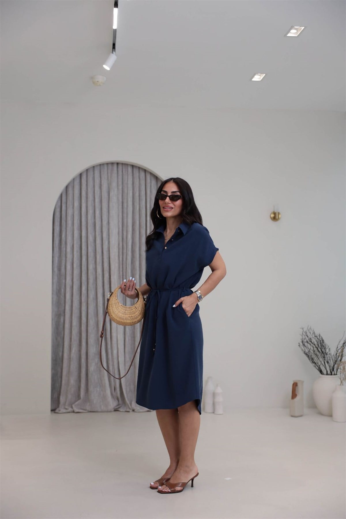 7541 Polo Yaka Tencel Kumaş Elbise LACİVERT