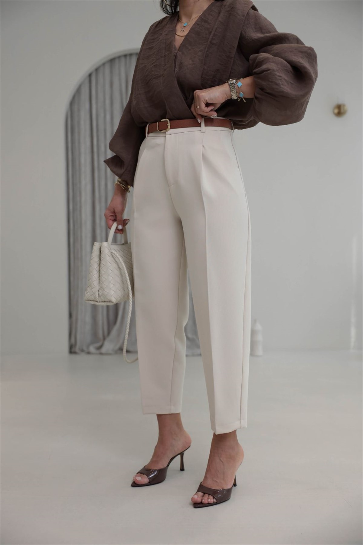 6394 Kemerli Double Havuç Pantolon BEJ