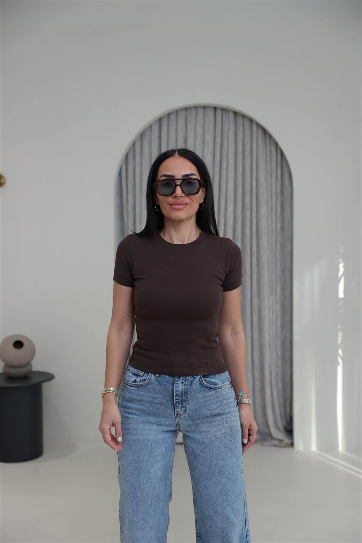 1591 Ribanalı Basic Pamuklu Tshirt KAHVE