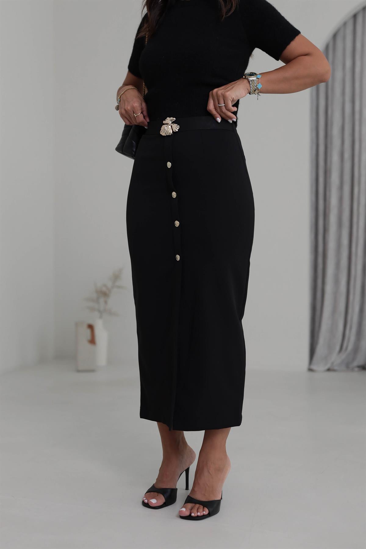 6726 Süs Düğmeli Kemerli Kalem Etek SİYAH