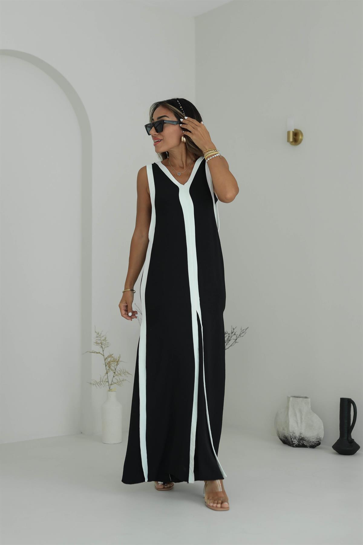 9005 V Yaka Beyaz Şeritli Uzun Elbise
