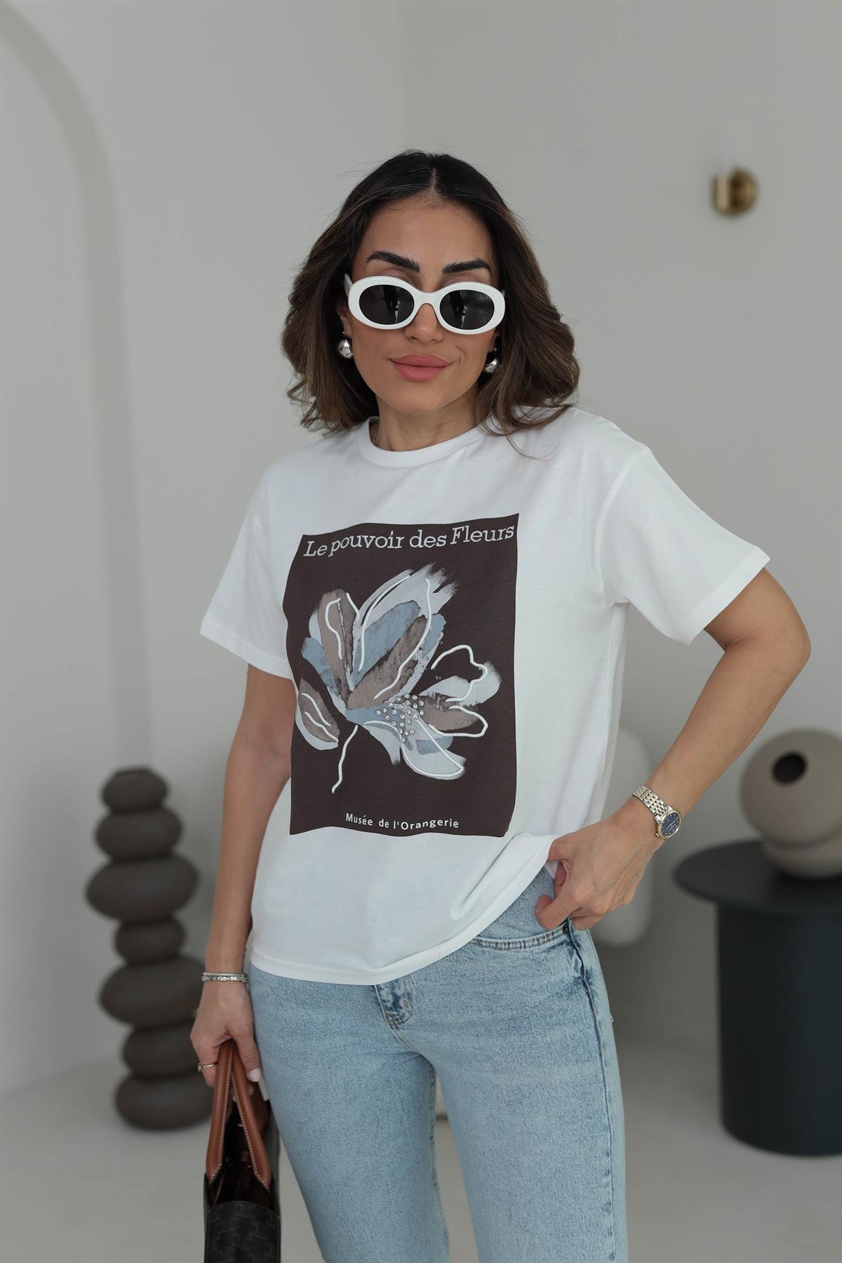 0223 Çiçek ve Taş Detaylı Tshirt ACI KAHVE