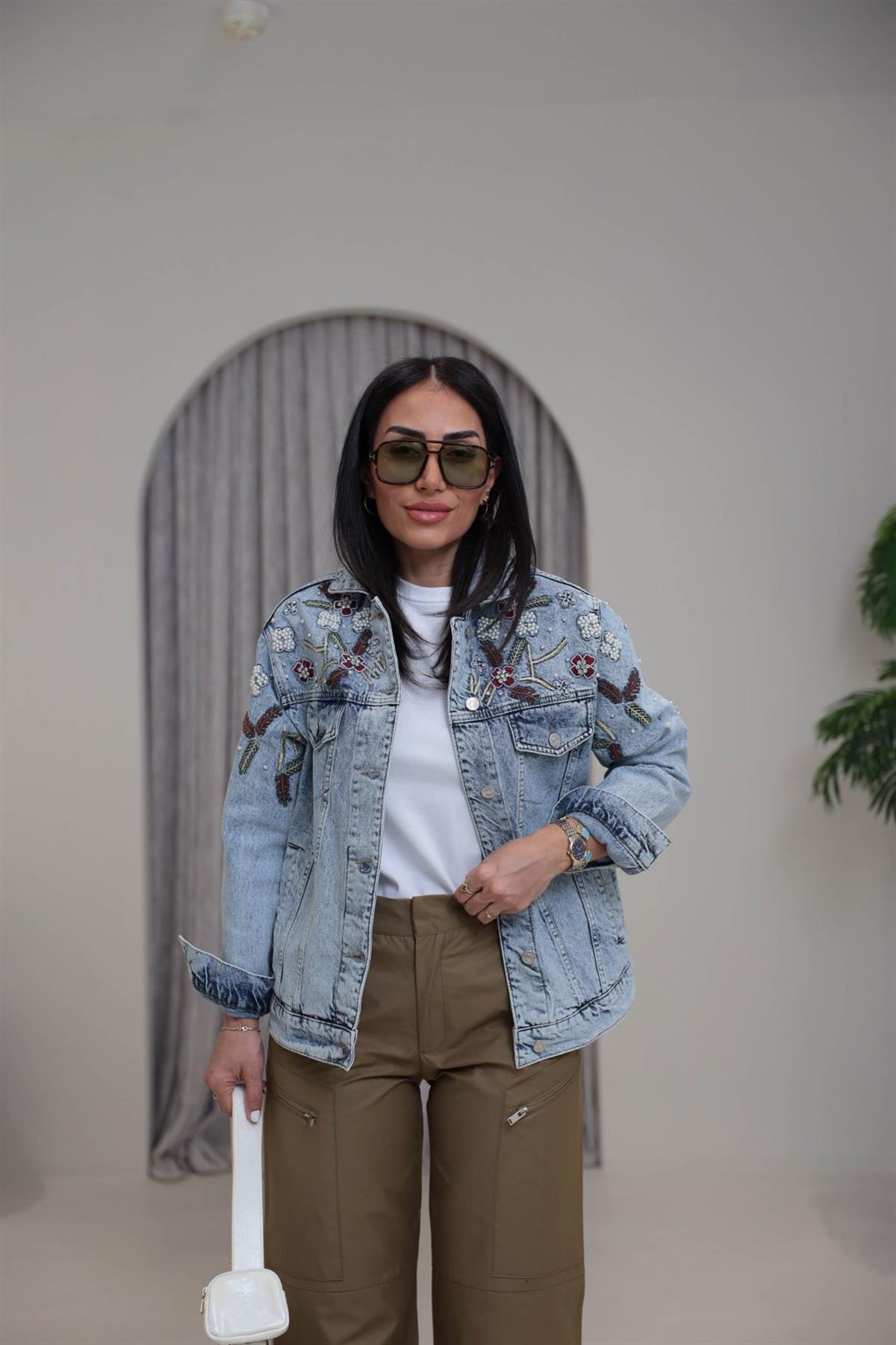 5896 Gömlek Yaka Taşlı İşlemeli Denim Ceket AÇIK MAVİ