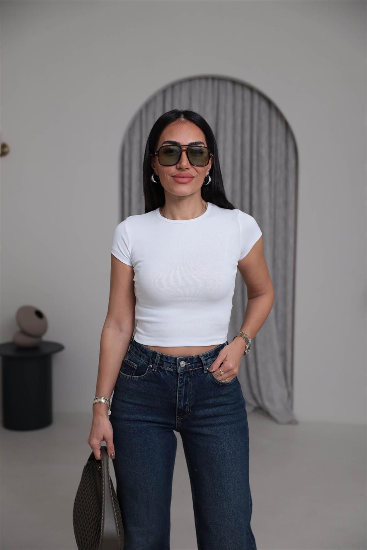 4173 Bisiklet Yaka Pamuklu Crop BEYAZ